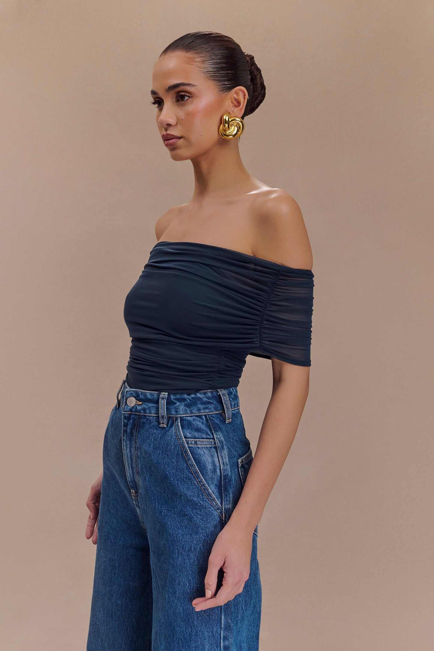 Arna Off Shoulder Mesh Crop Top - Midnight Blue