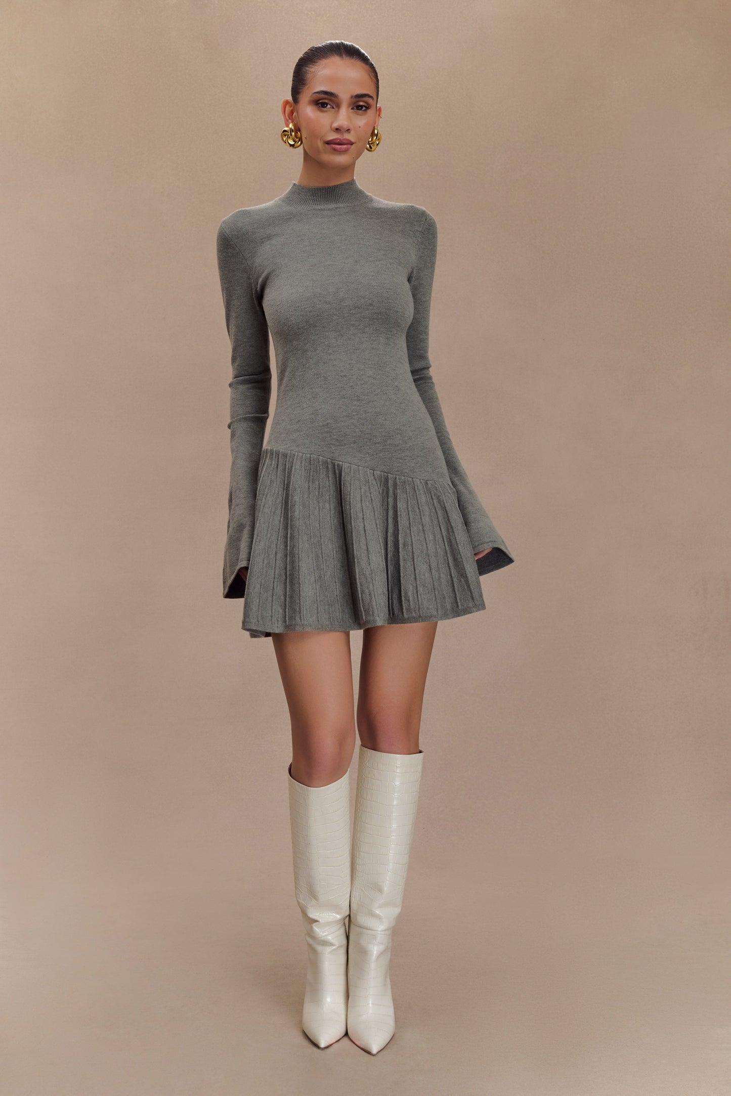 Blair Knit Mini Dress With Pleats - Charcoal