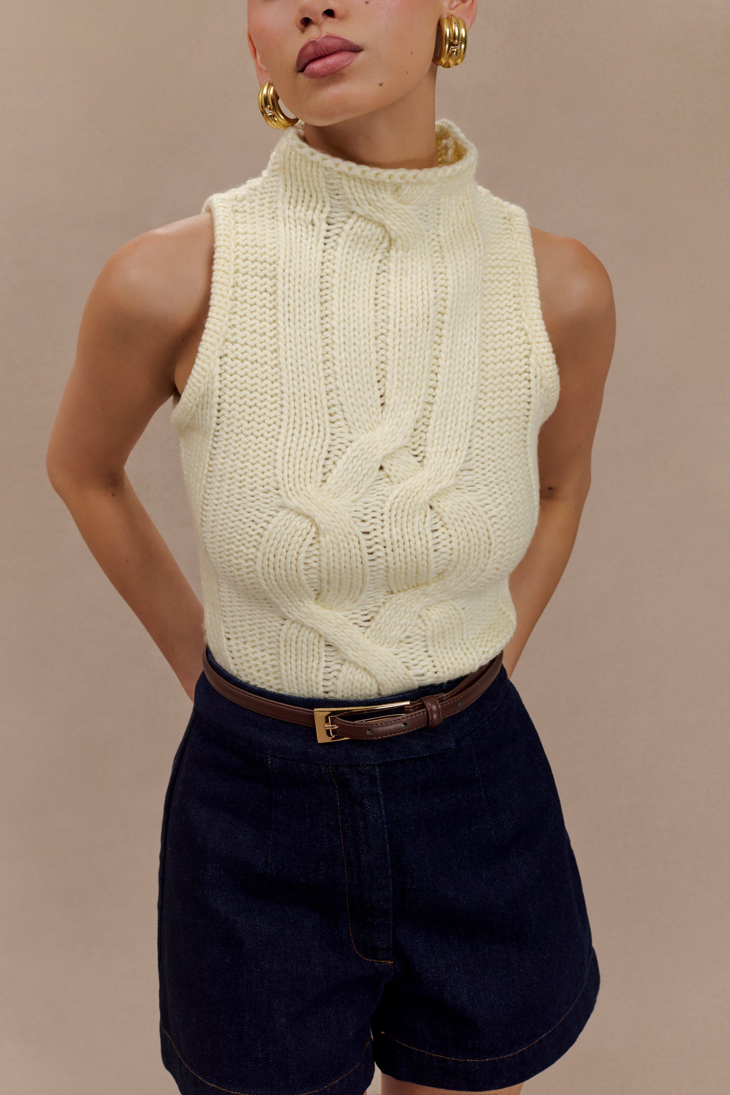 Roberta High Neck Cable Knit Top - Ivory