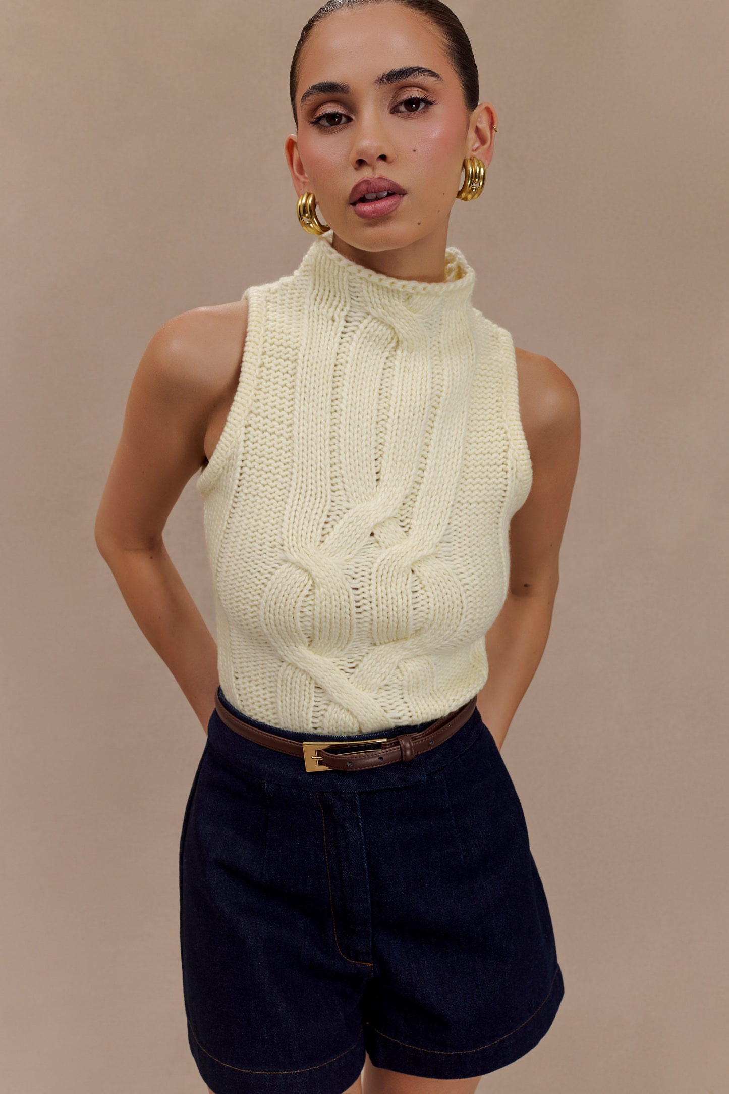 Roberta High Neck Cable Knit Top - Ivory