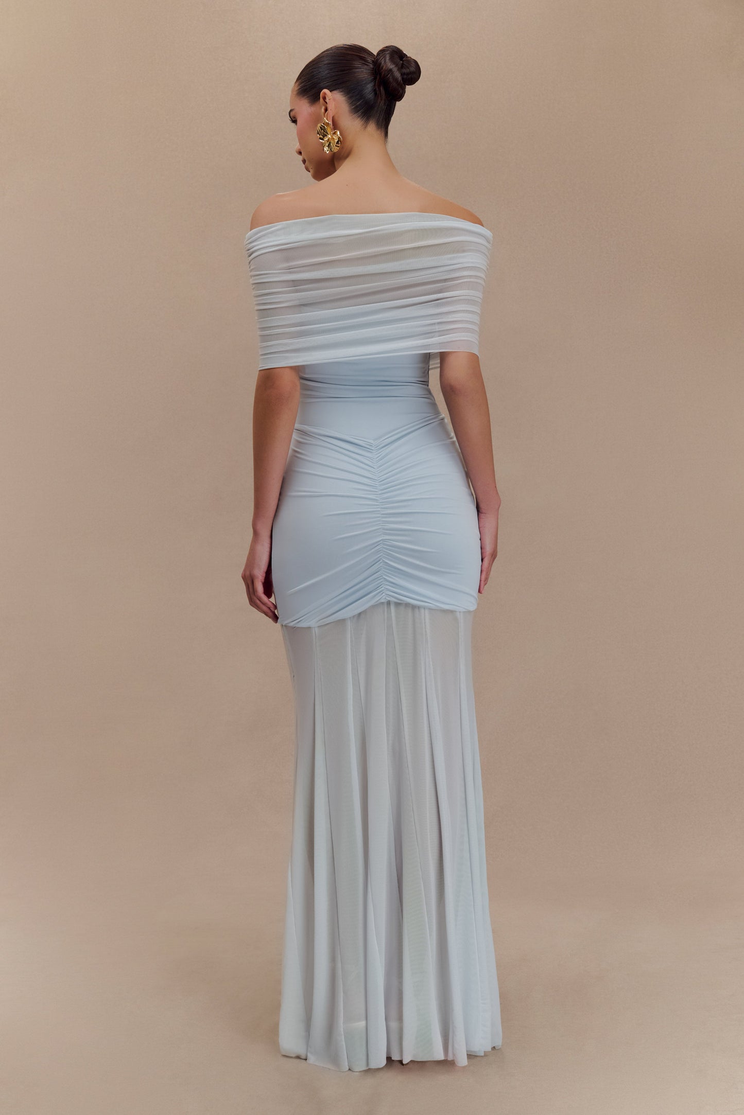 Caspian Slinky And Mesh Off Shoulder Maxi Dress - Pale Blue