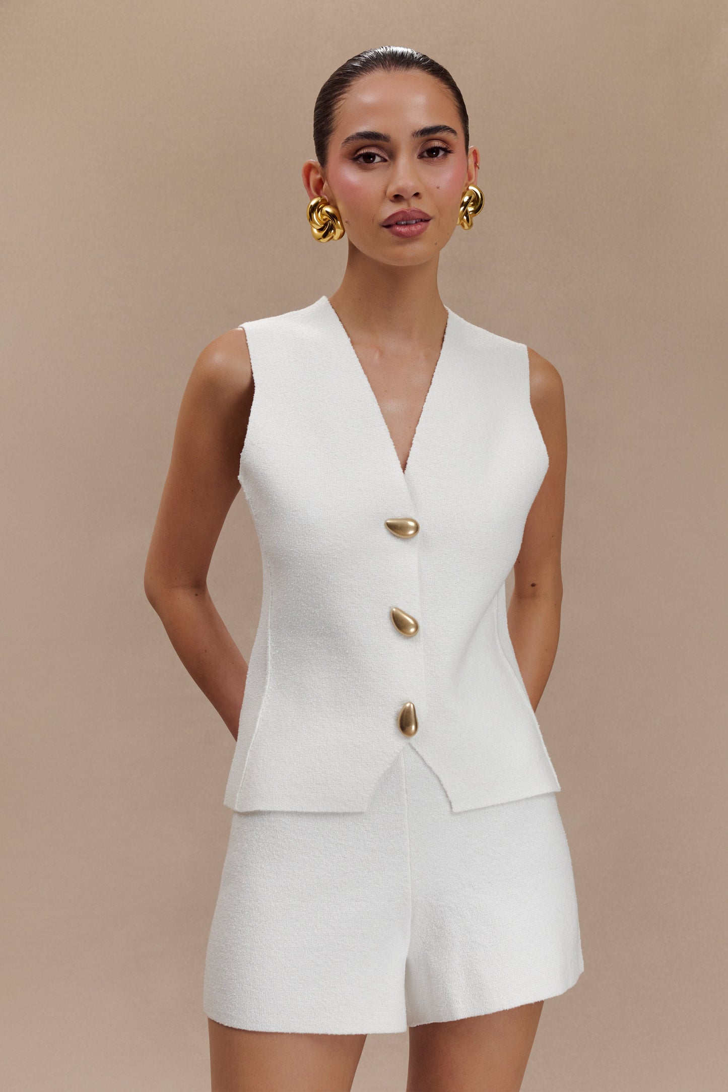 Malika Sleeveless Gold Button Vest - White