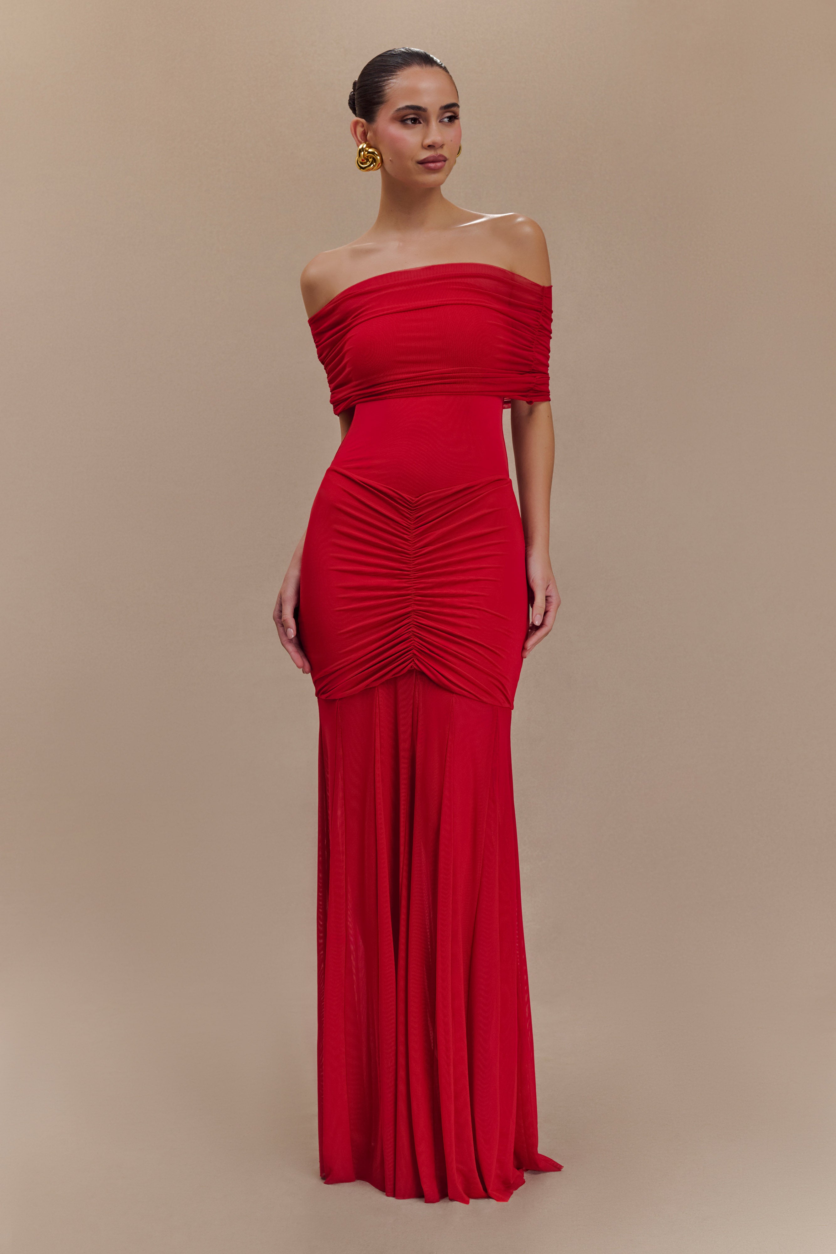 Caspian Slinky And Mesh Off Shoulder Maxi Dress Ruby MESHKI