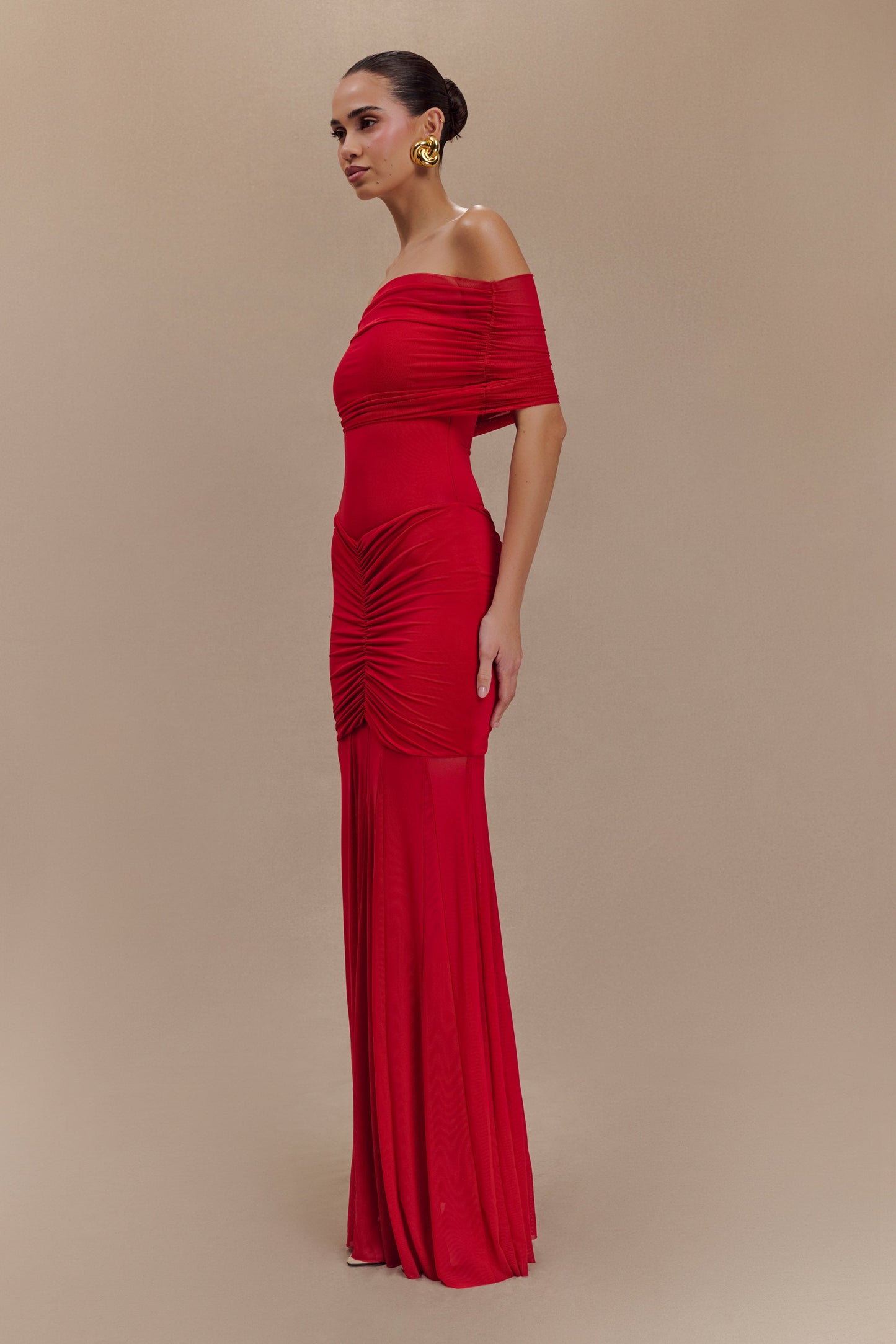 Caspian Slinky And Mesh Off Shoulder Maxi Dress - Ruby Red