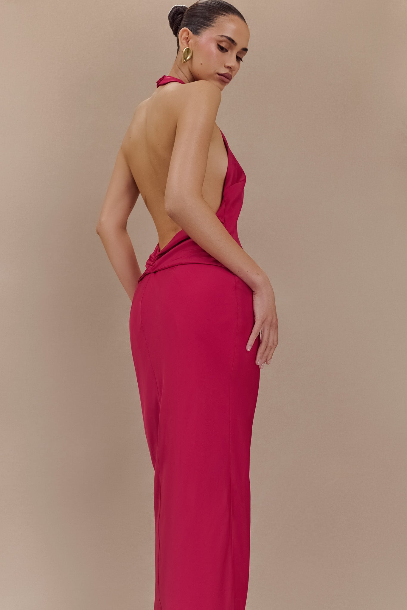 Rinna Satin Halter Maxi Dress - Pink Cherry