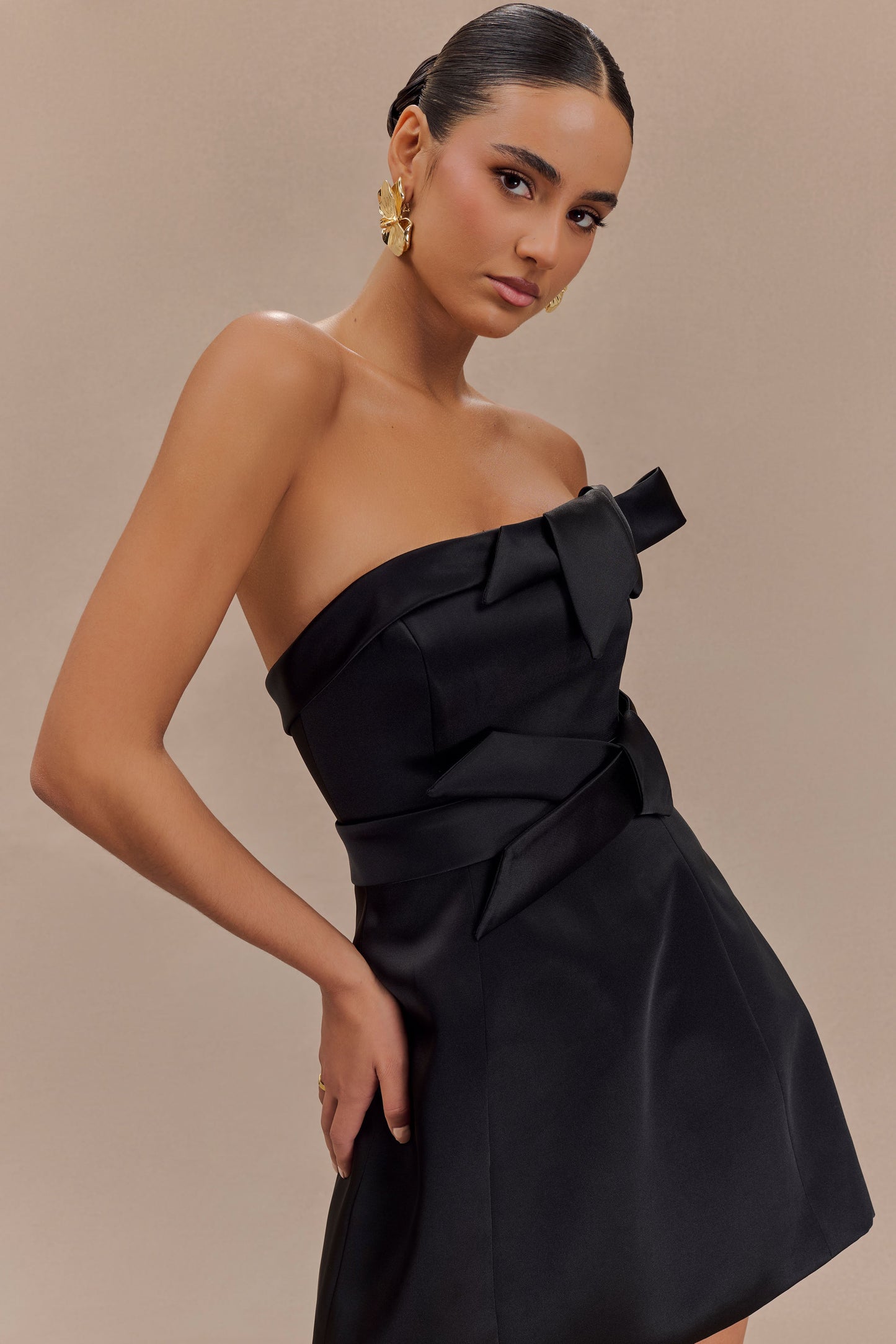 Tatiana Satin Strapless Bow Mini Dress - Black