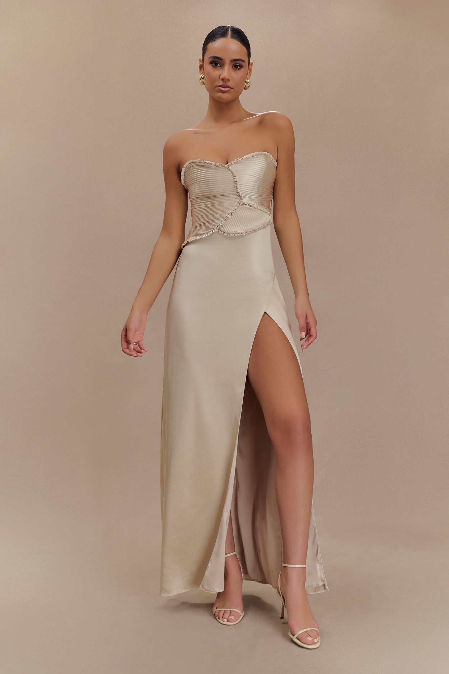 Larissa Satin Maxi Dress With Ruched Petals - Champagne