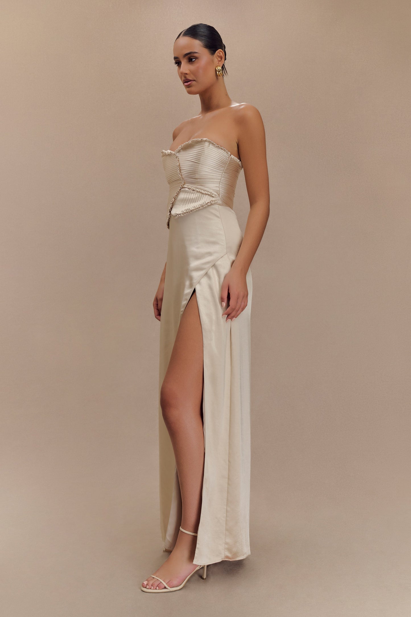 Larissa Satin Maxi Dress With Ruched Petals - Champagne