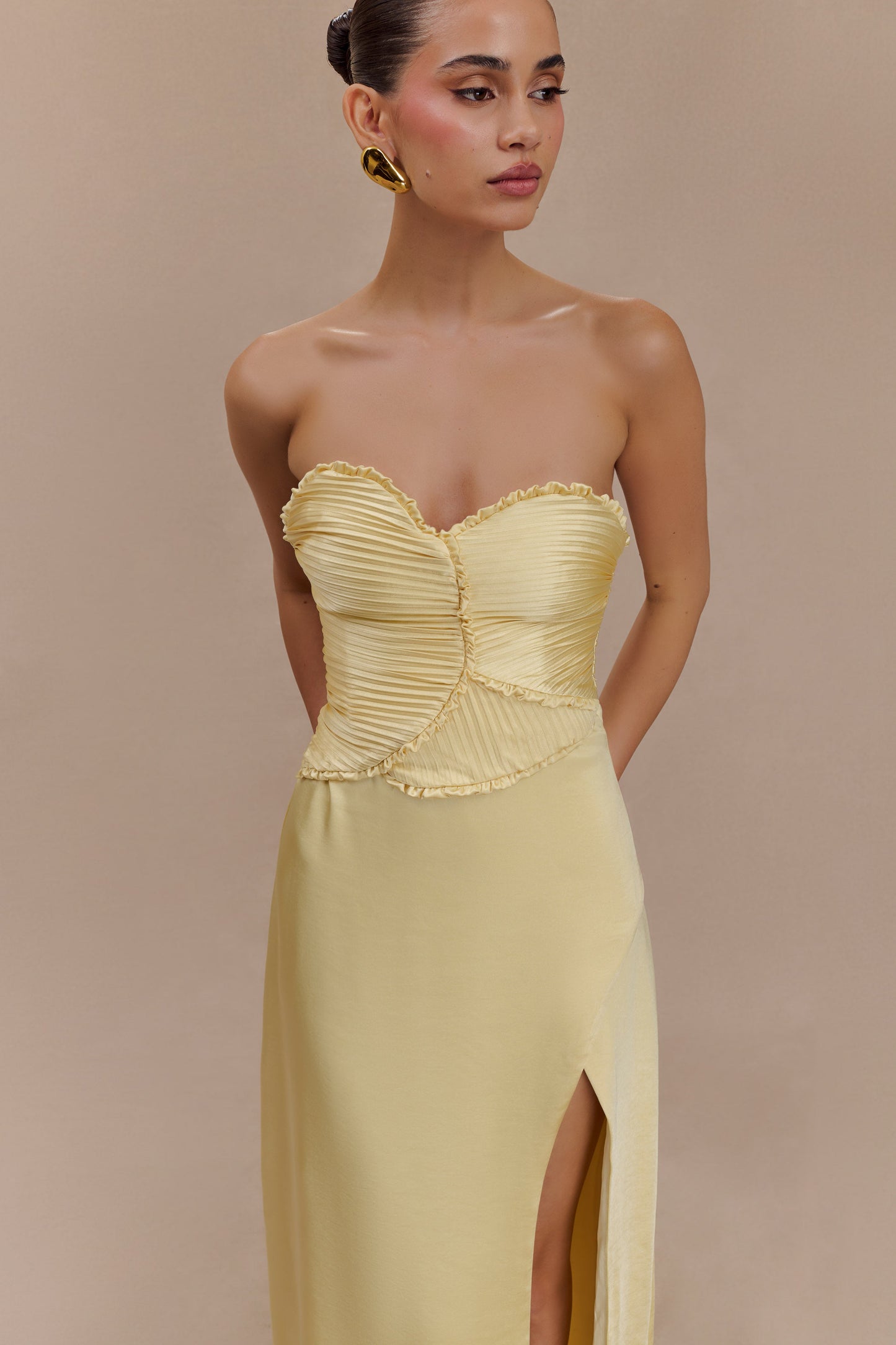 Larissa Satin Maxi Dress With Ruched Petals - Lemon