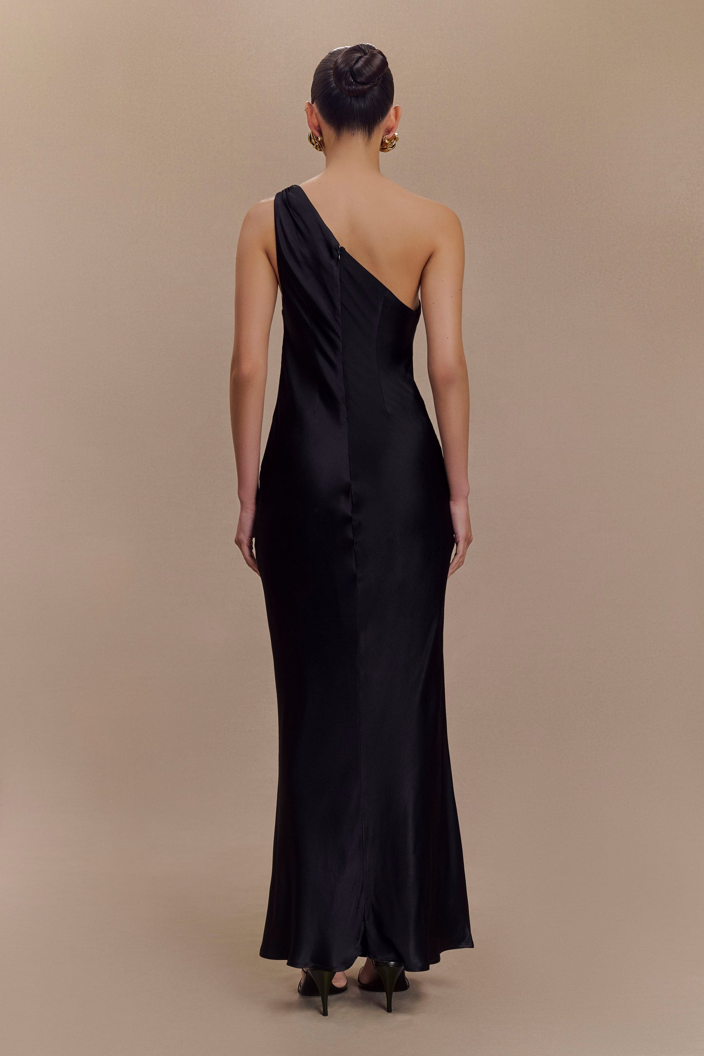 Camille One Shoulder Satin Maxi Dress - Black