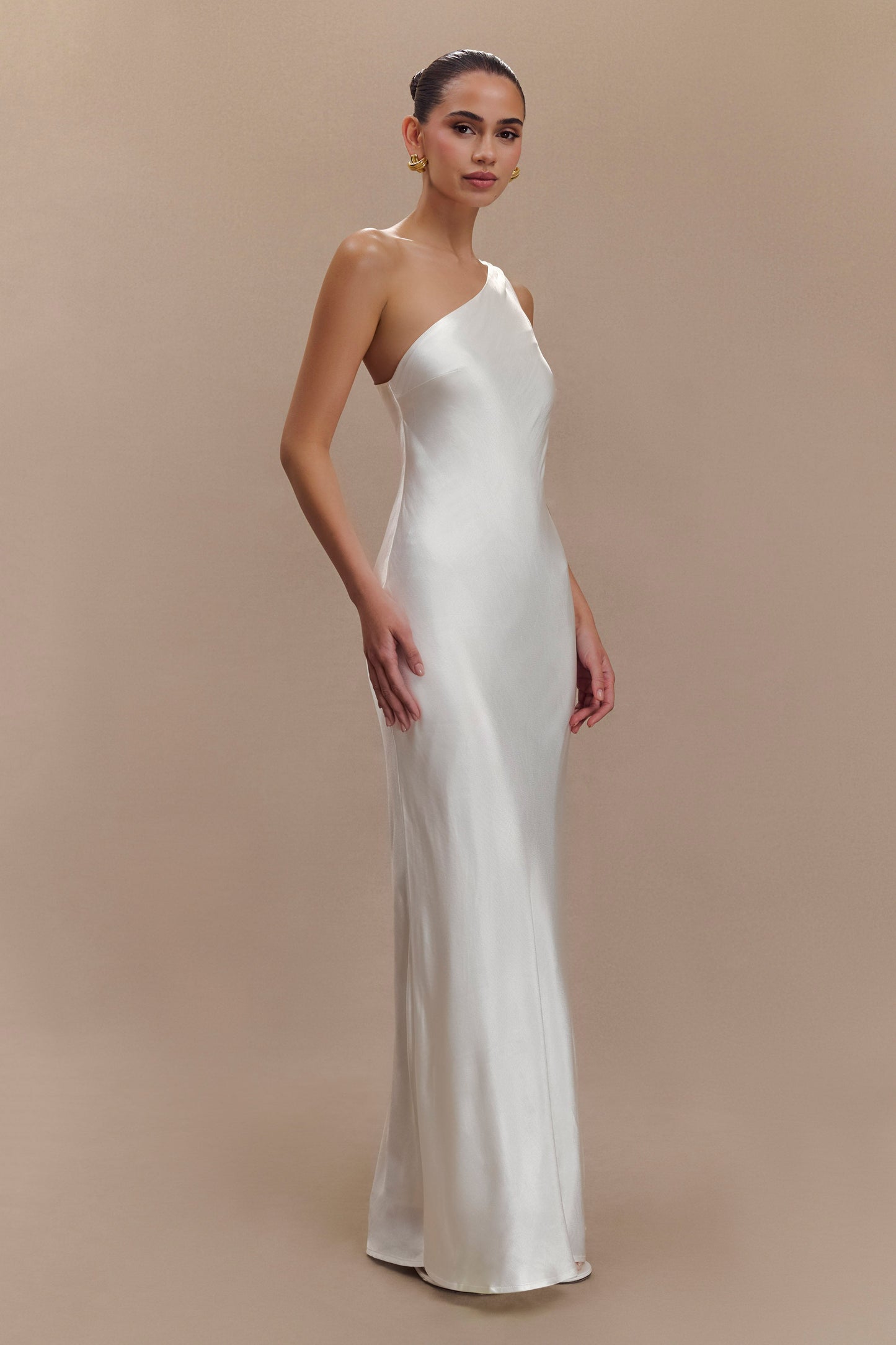 Camille One Shoulder Satin Maxi Dress - White