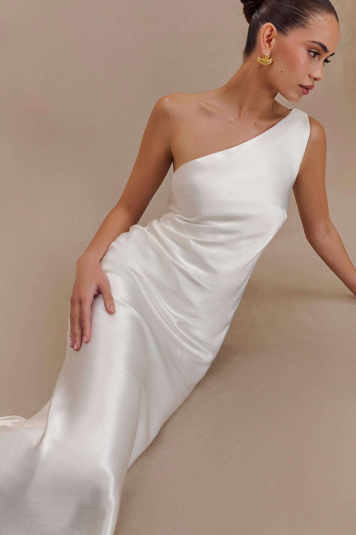 Camille One Shoulder Satin Maxi Dress - White