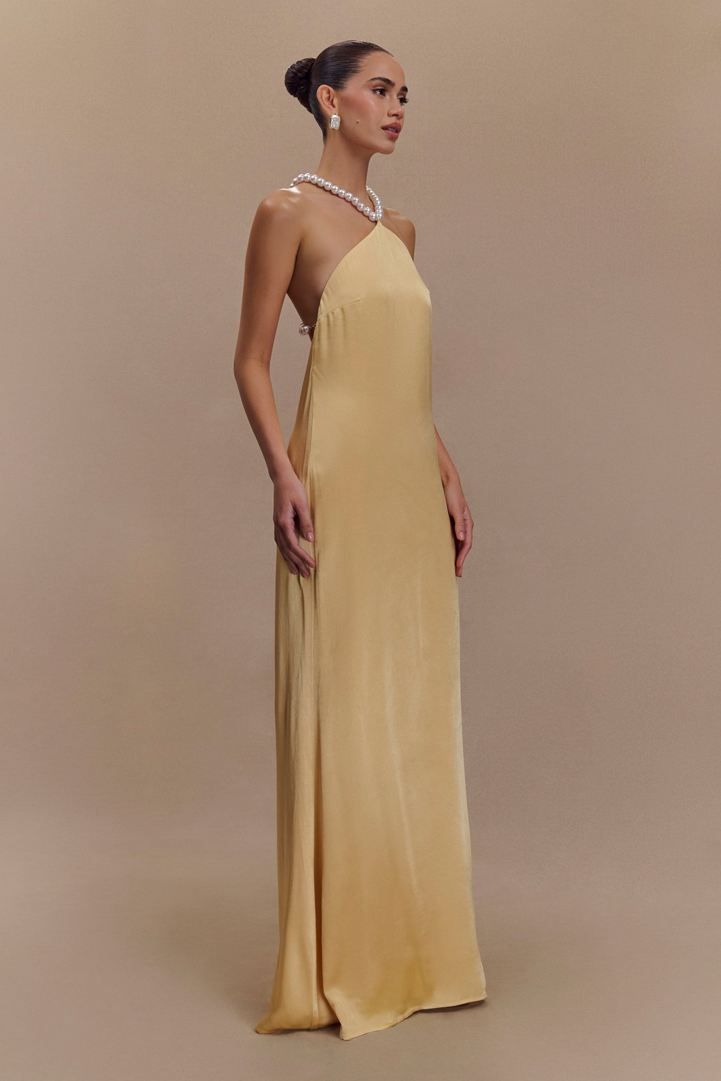 Blanche Satin Pearl Halter Maxi Dress - Peach