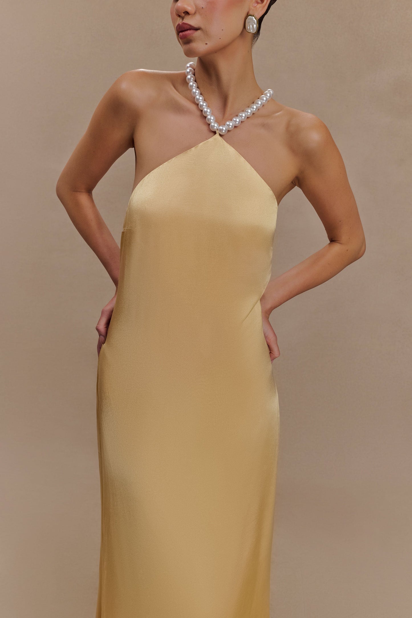 Blanche Satin Pearl Halter Maxi Dress - Peach