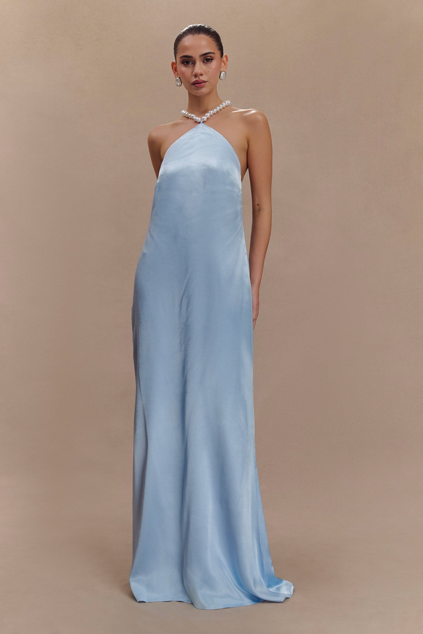 Blanche Satin Pearl Halter Maxi Dress - Cornflower Blue