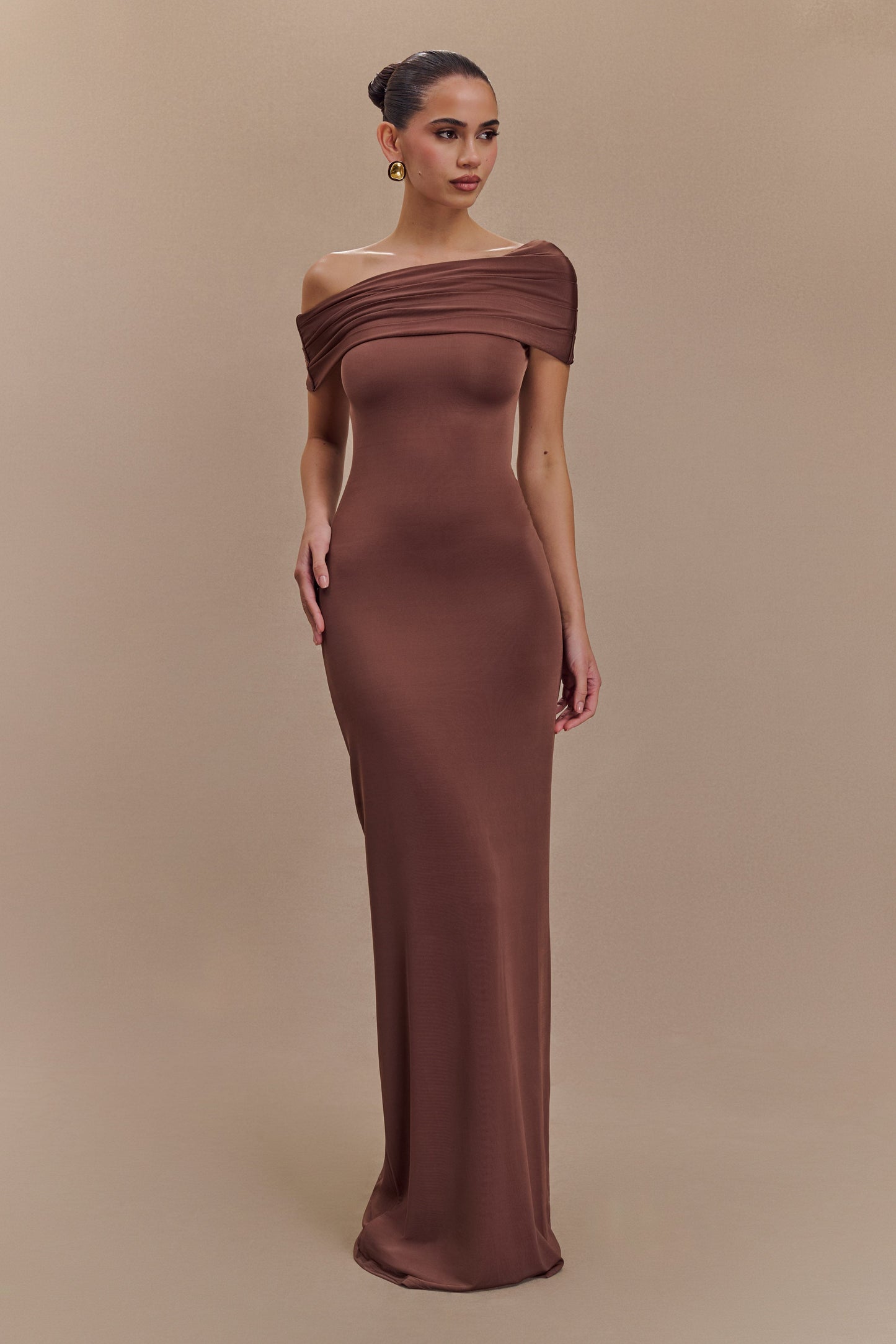 Cassandra Off Shoulder Slinky Maxi Dress - Chocolate