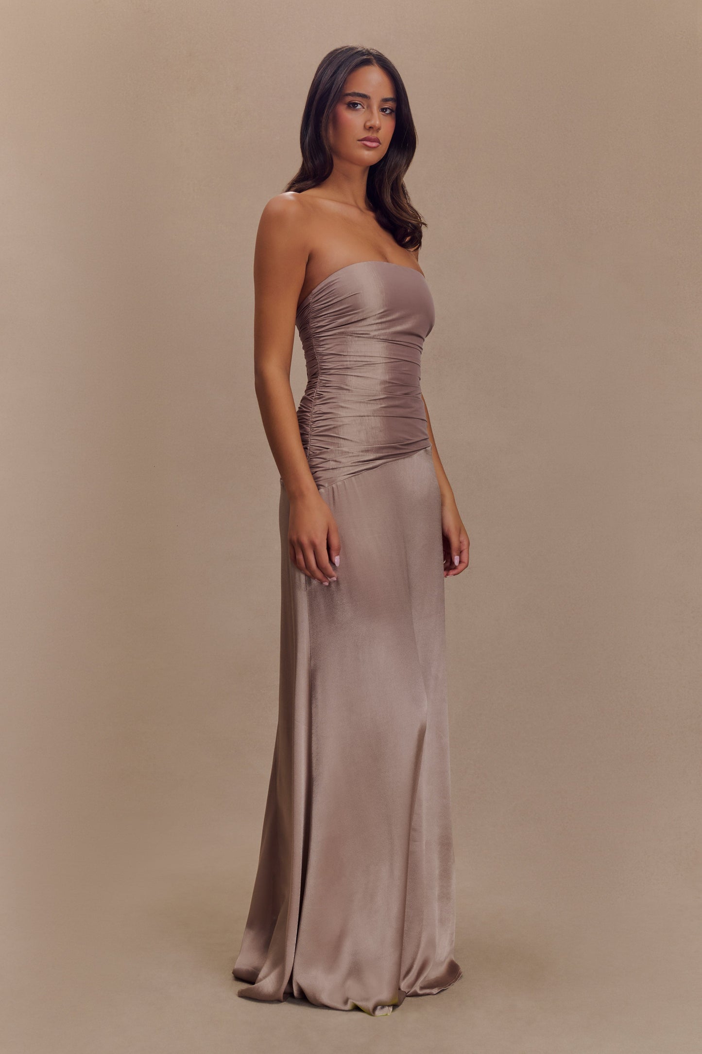 Serena Strapless Taffeta Maxi Dress - Bronze Taupe