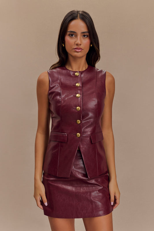 Coralia Faux Leather Sleeveless Vest - Cherry Red