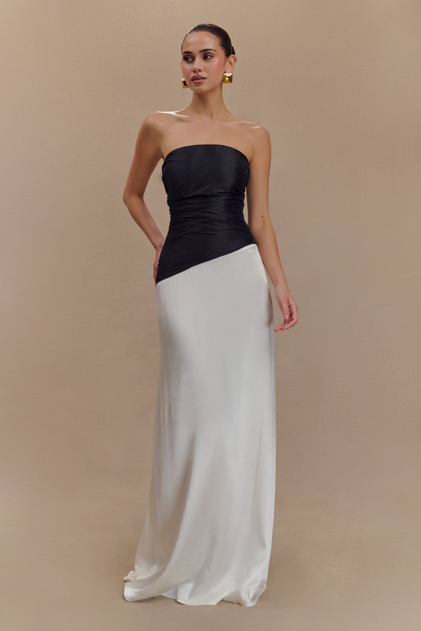 Serena Strapless Taffeta Maxi Dress - White/Black