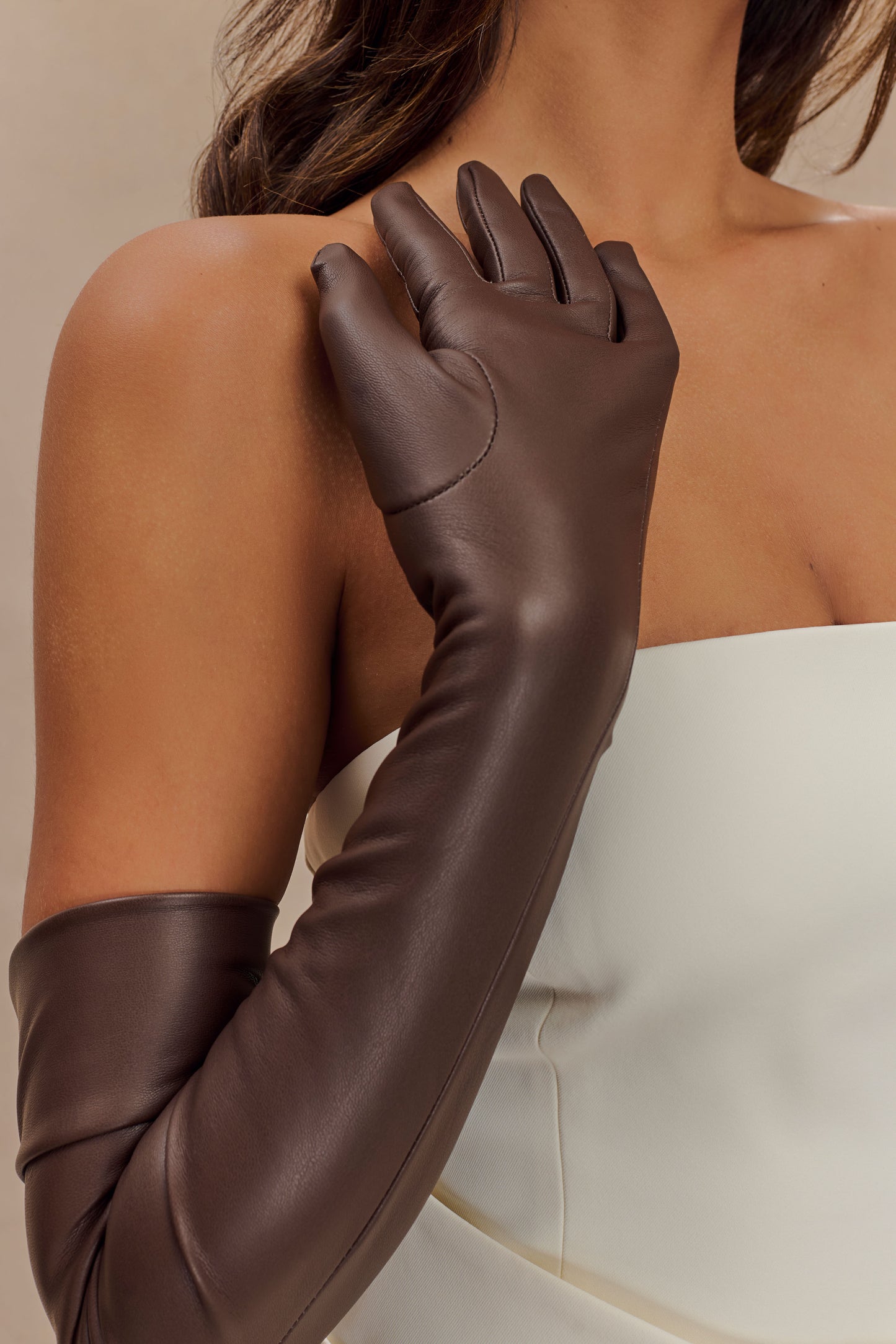 Jasper Faux Leather Elbow Length Gloves - Dark Chocolate