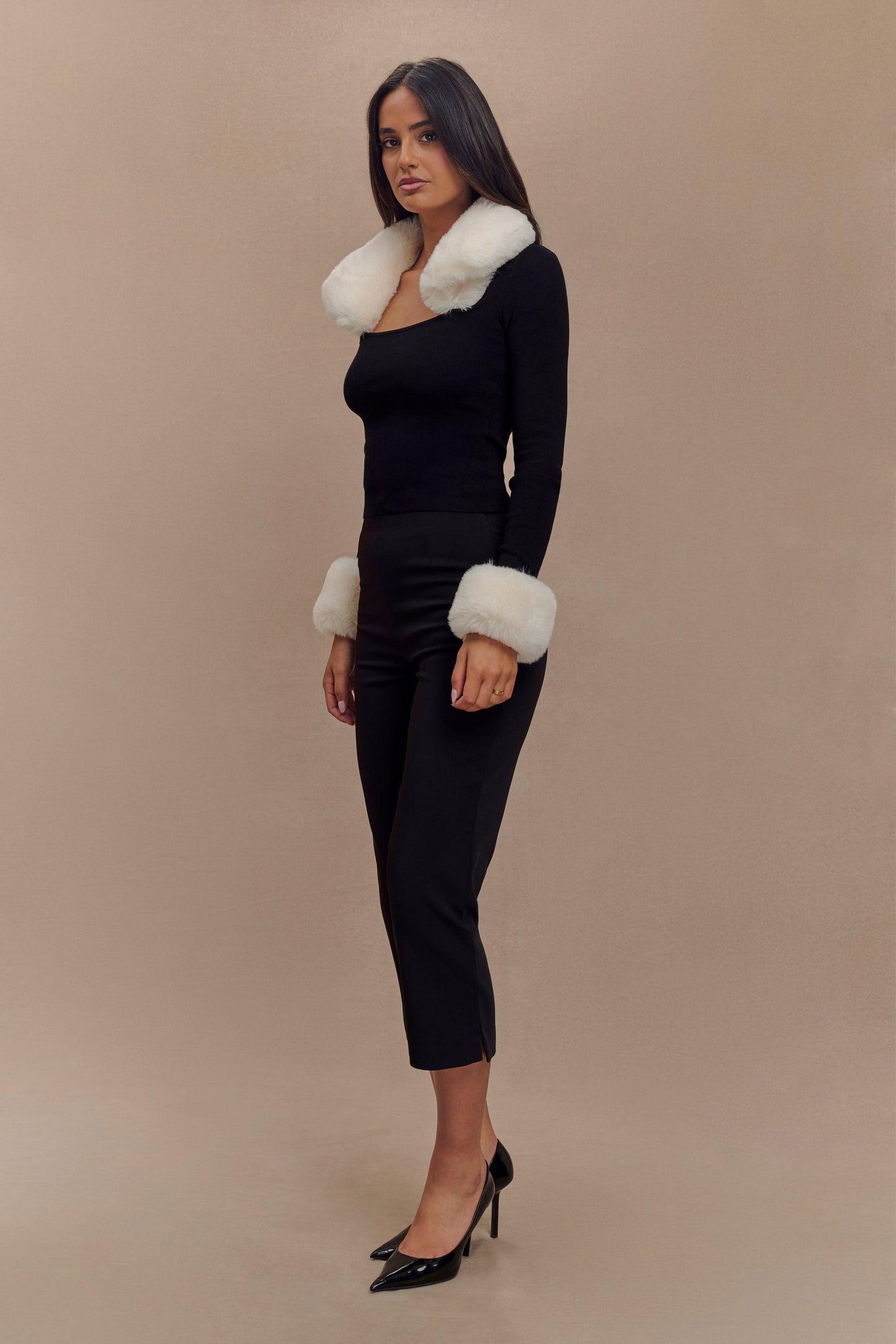 Cressida Faux Fur Knit Long Sleeve Top - Black/White