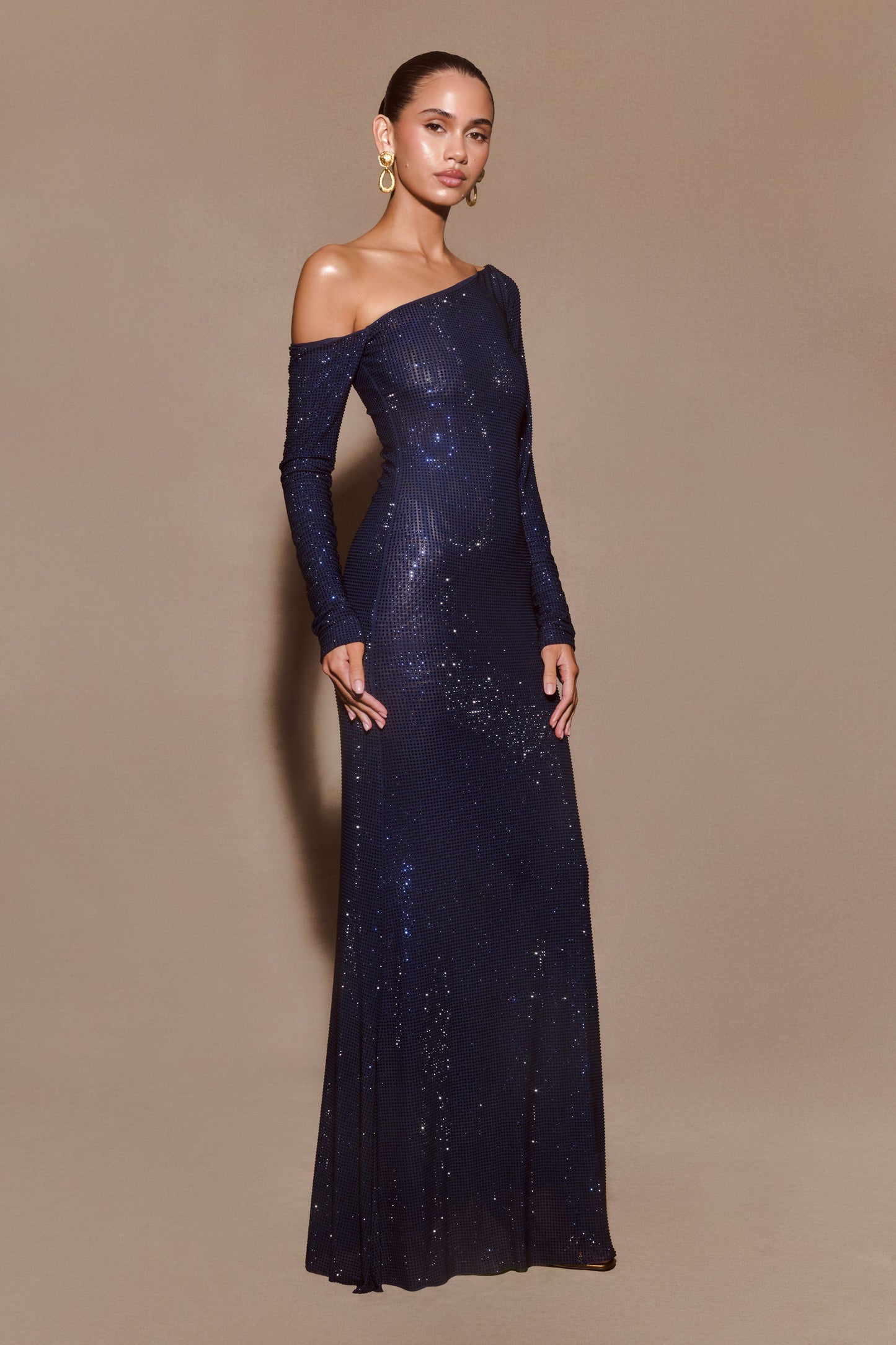 Marcia Diamante Long Sleeve Maxi Dress - Navy