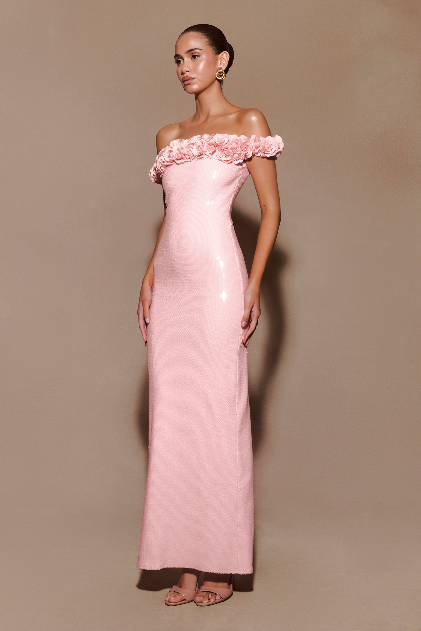 Carrie Sequin Rose Maxi Dress - Pale Pink