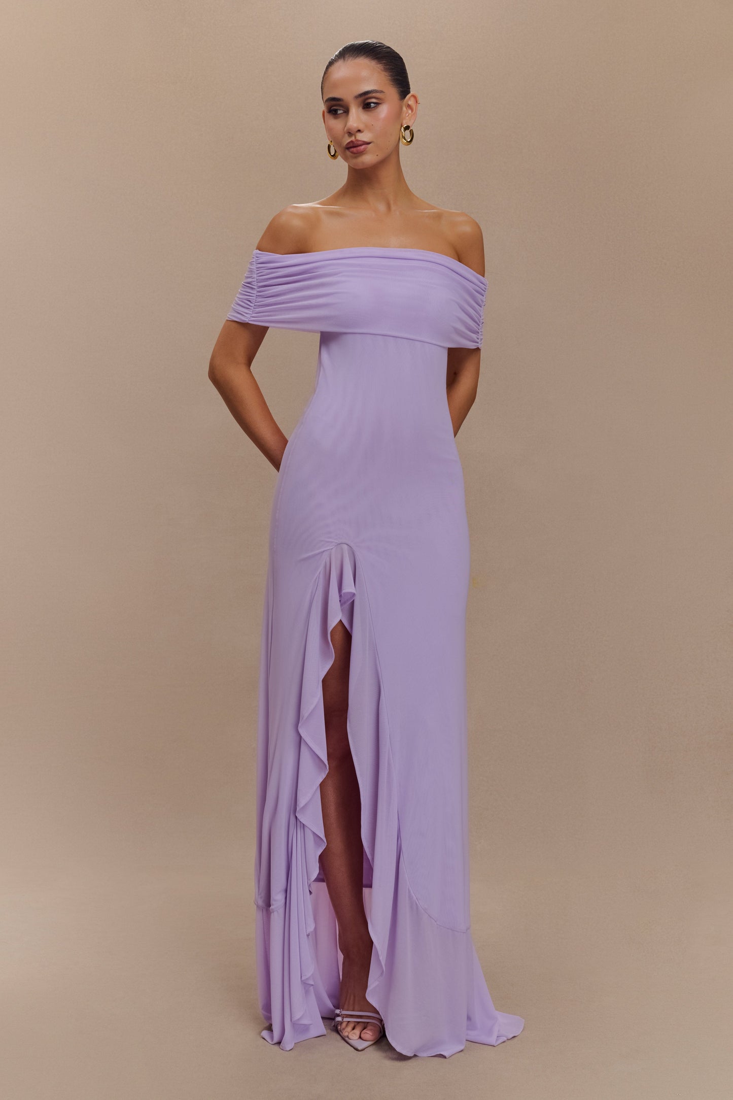 Audrey Off Shoulder Mesh Maxi Dress - Lilac