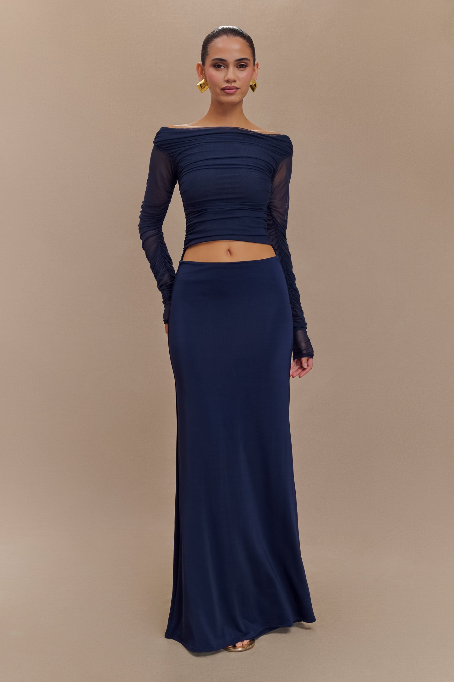 Darla Mesh And Slinky Off Shoulder Maxi Dress - Dark Navy