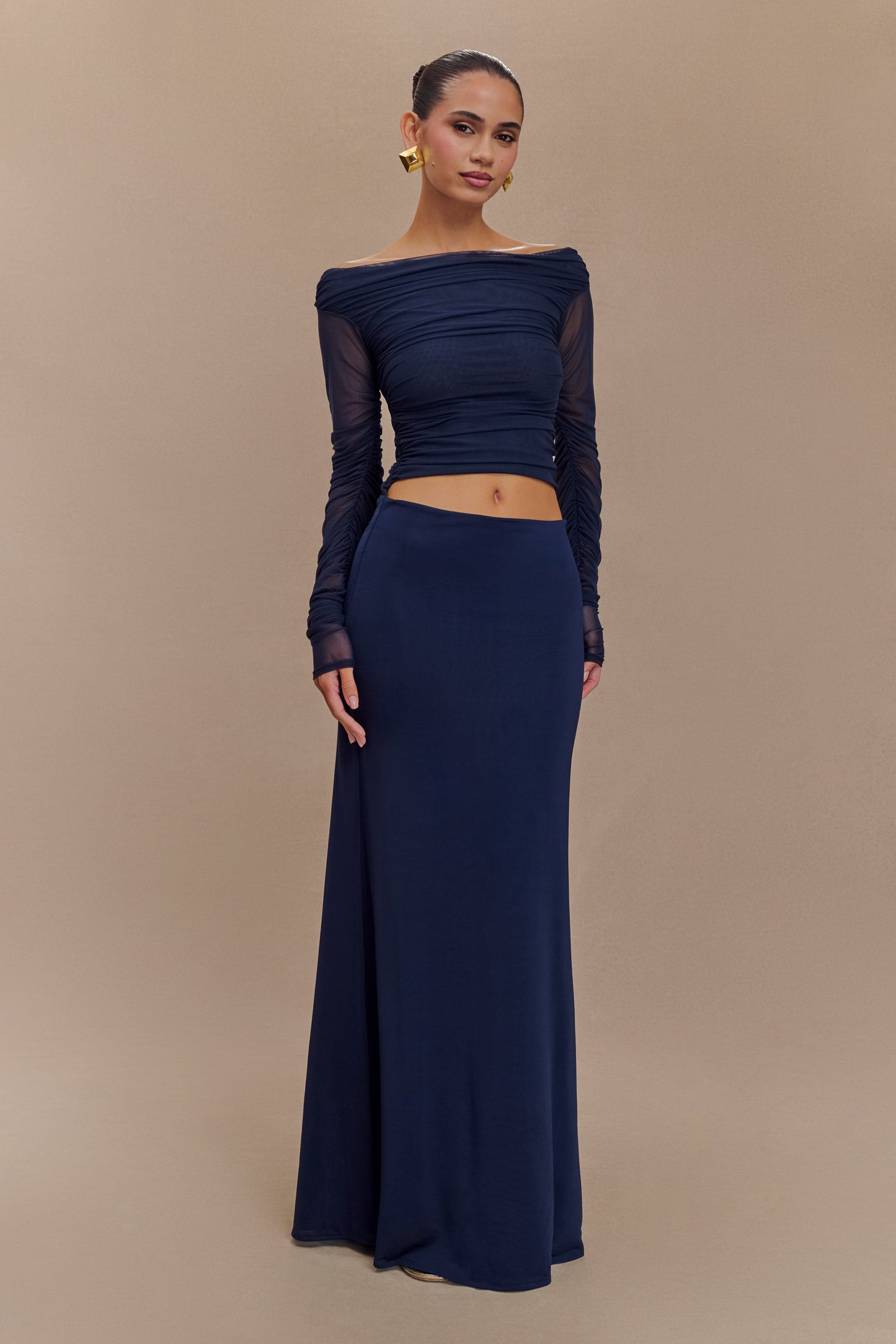 Darla Mesh And Slinky Off Shoulder Maxi Dress - Dark Navy