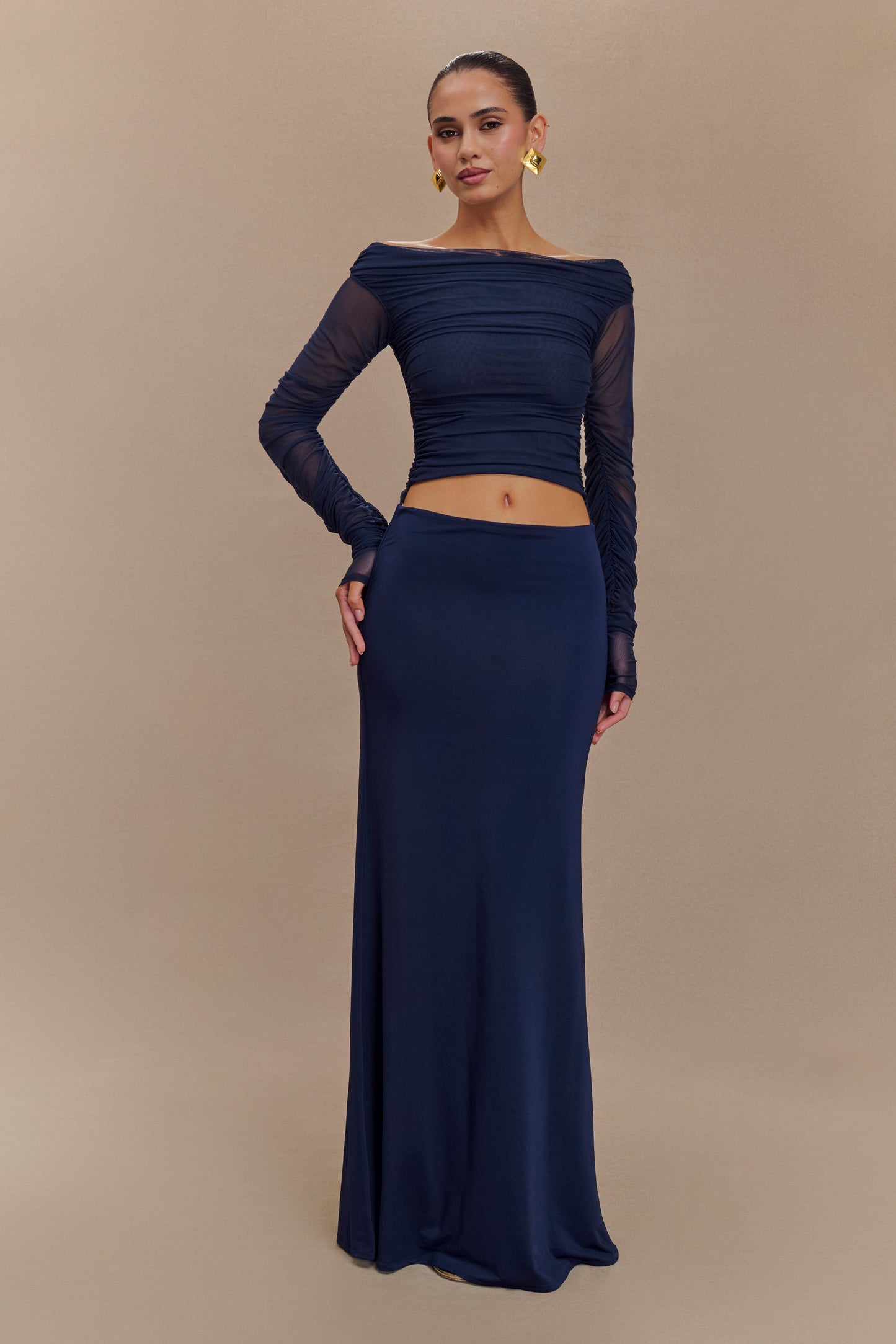 Darla Mesh And Slinky Off Shoulder Maxi Dress - Dark Navy