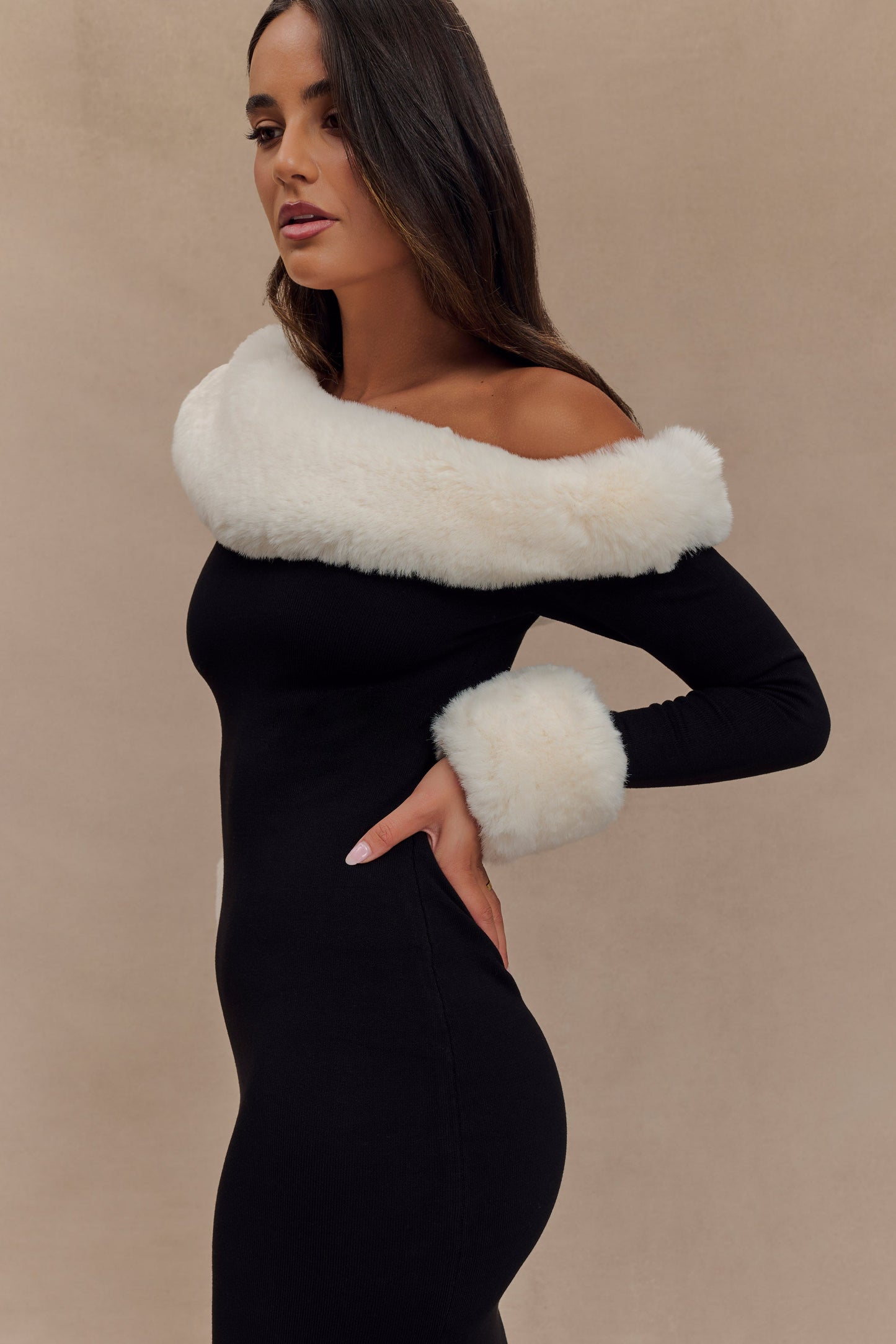 Karleigh Faux Fur Knit Maxi Dress - Black/White