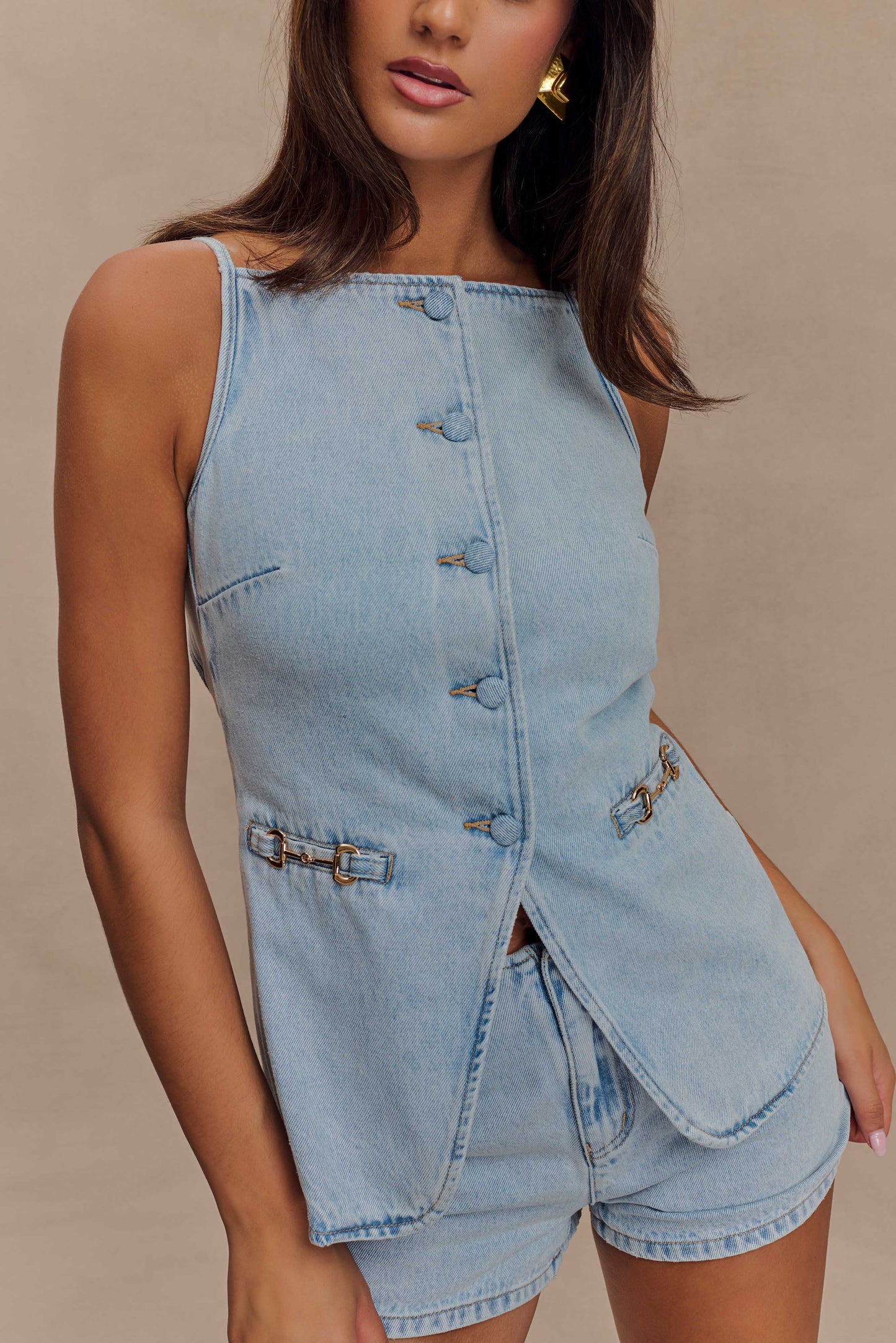 Ashton Sleeveless Button Denim Top - Light Blue