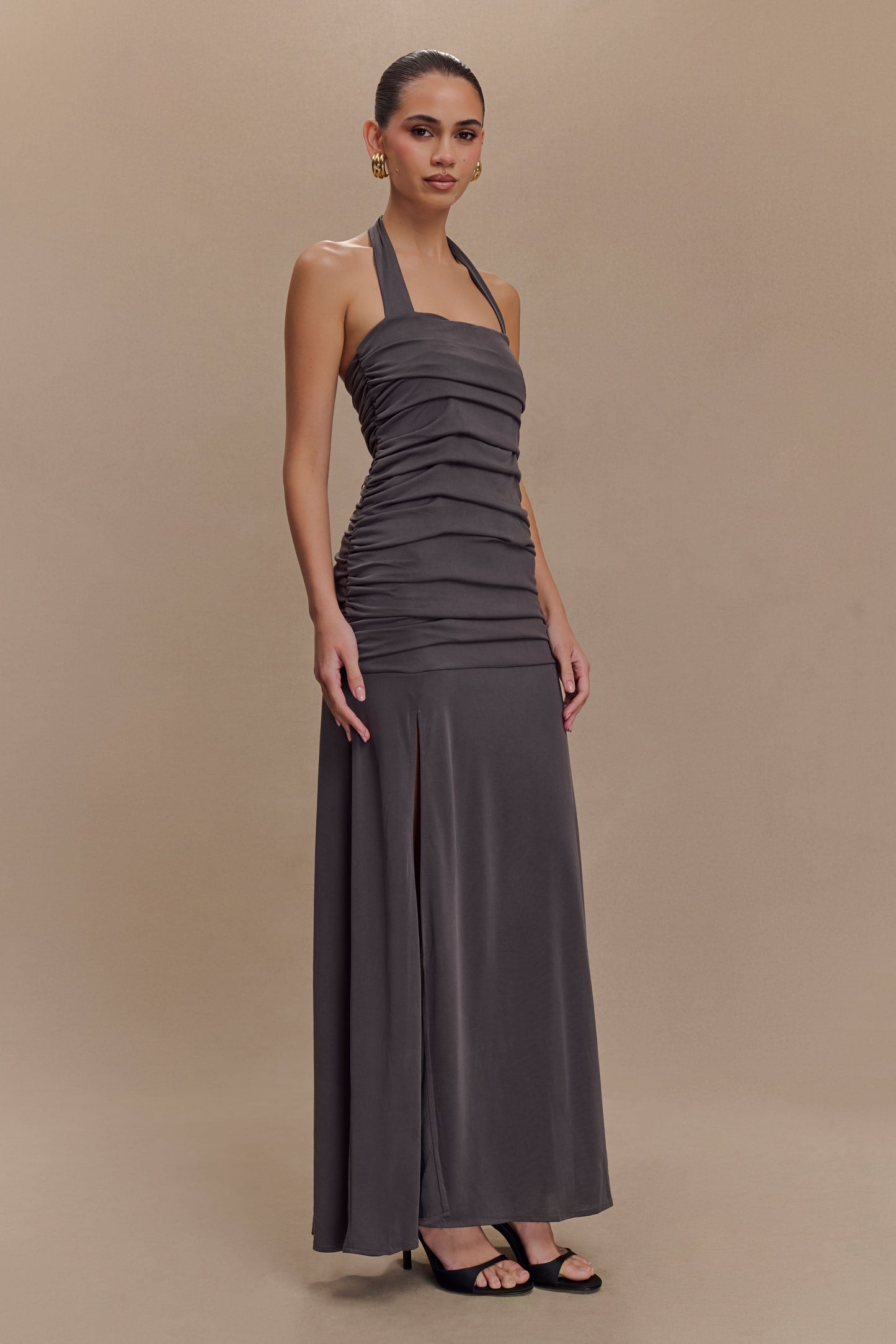 Bentley Peached Jersey Halter Maxi Dress - Charcoal