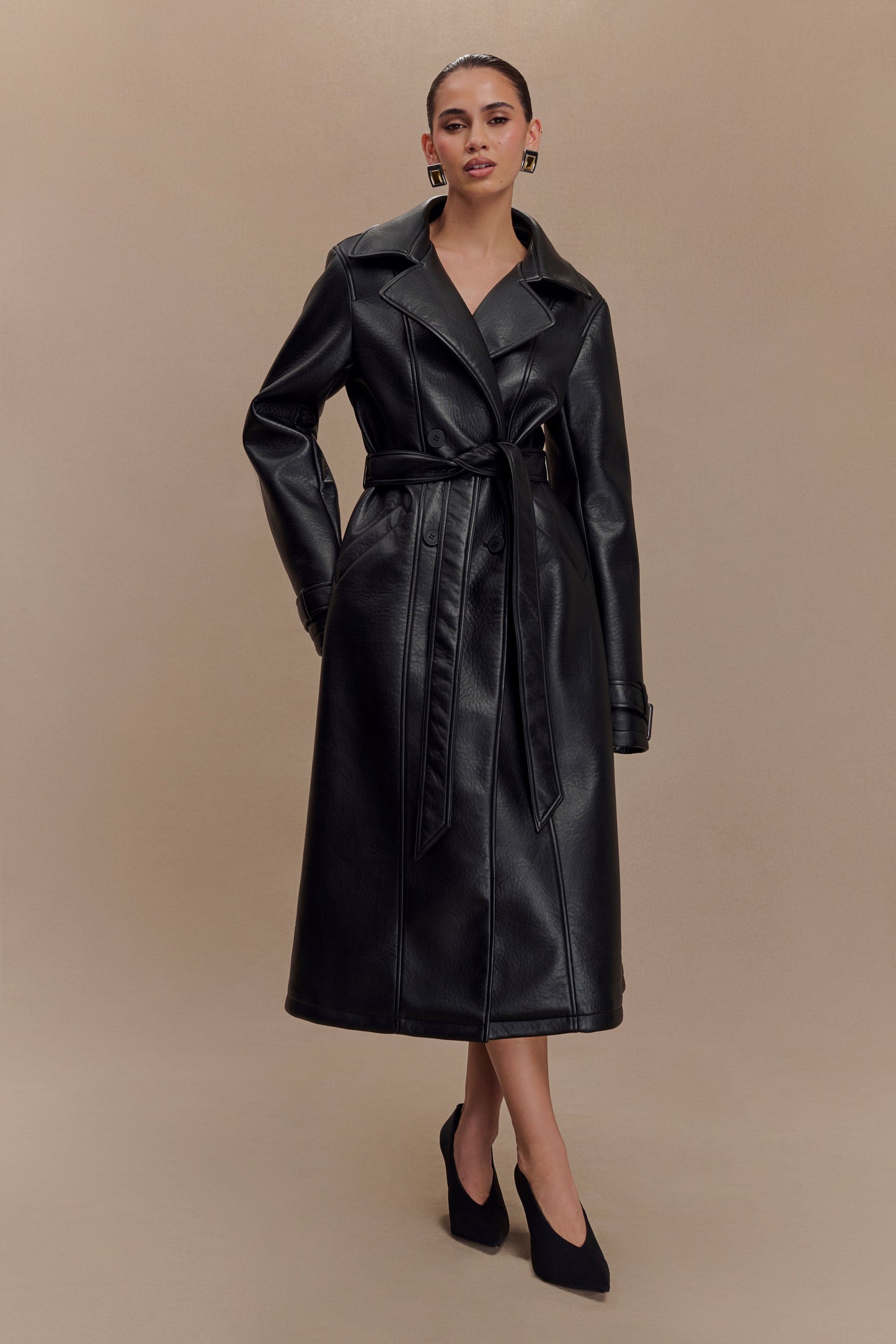 Tarah Faux Leather Trench Coat - Black