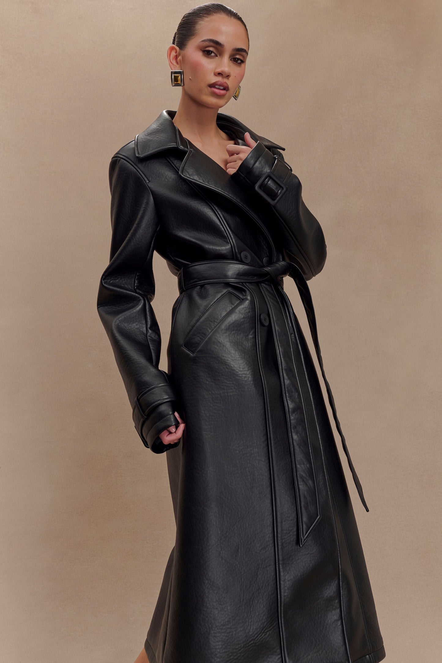 Tarah Faux Leather Trench Coat - Black