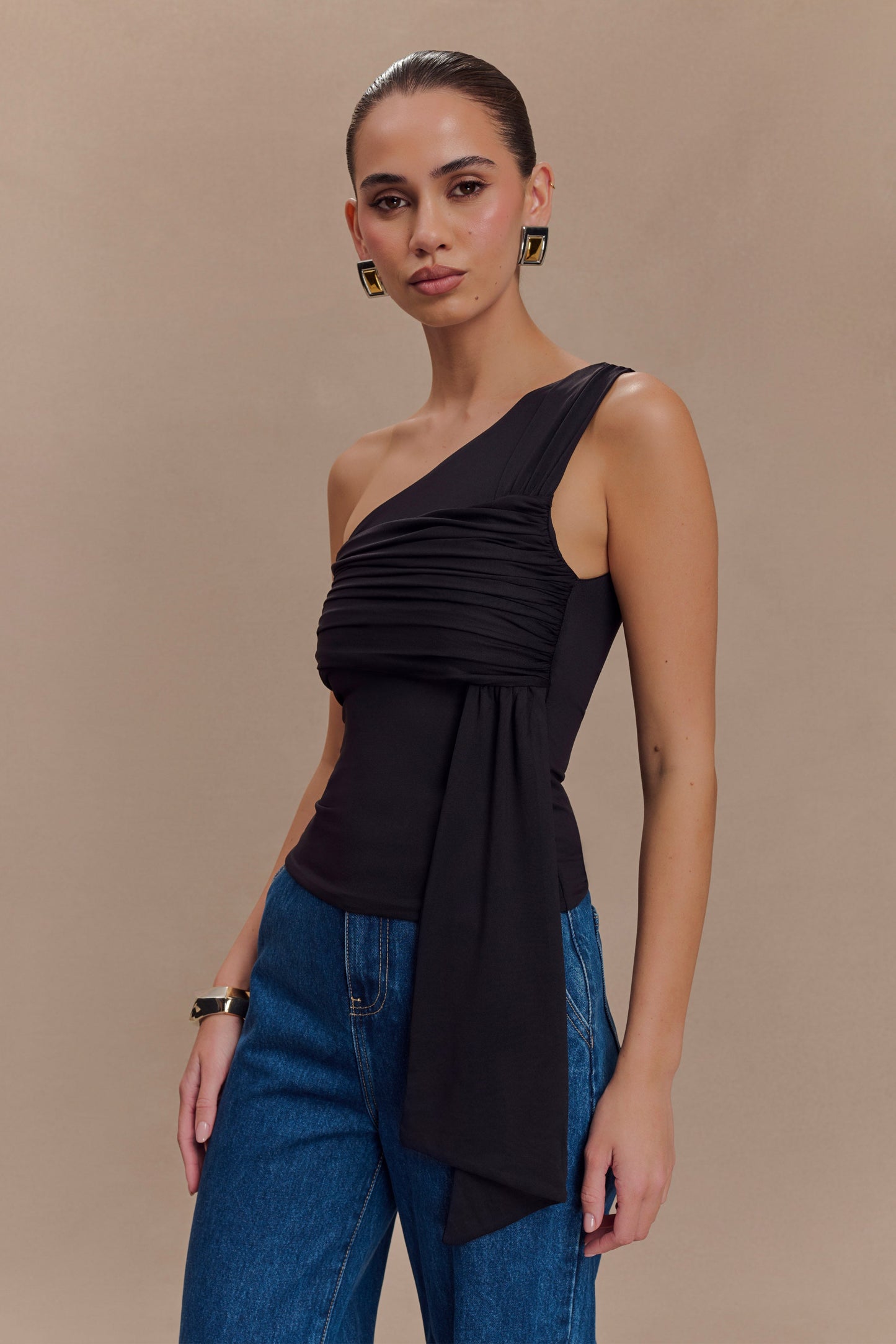 Sera One Shoulder Recycled Nylon Top With Drape - Black