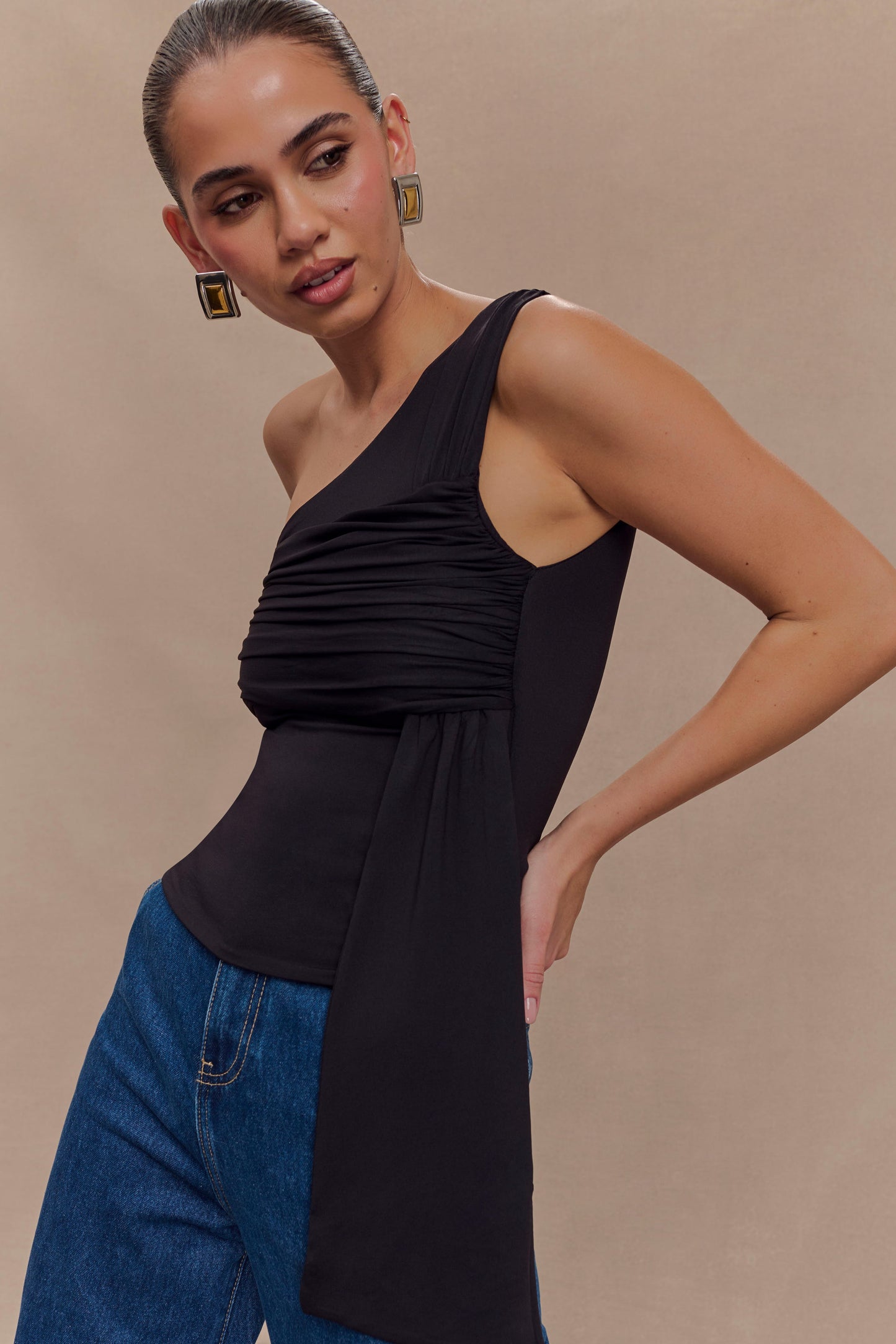 Sera One Shoulder Recycled Nylon Top With Drape - Black