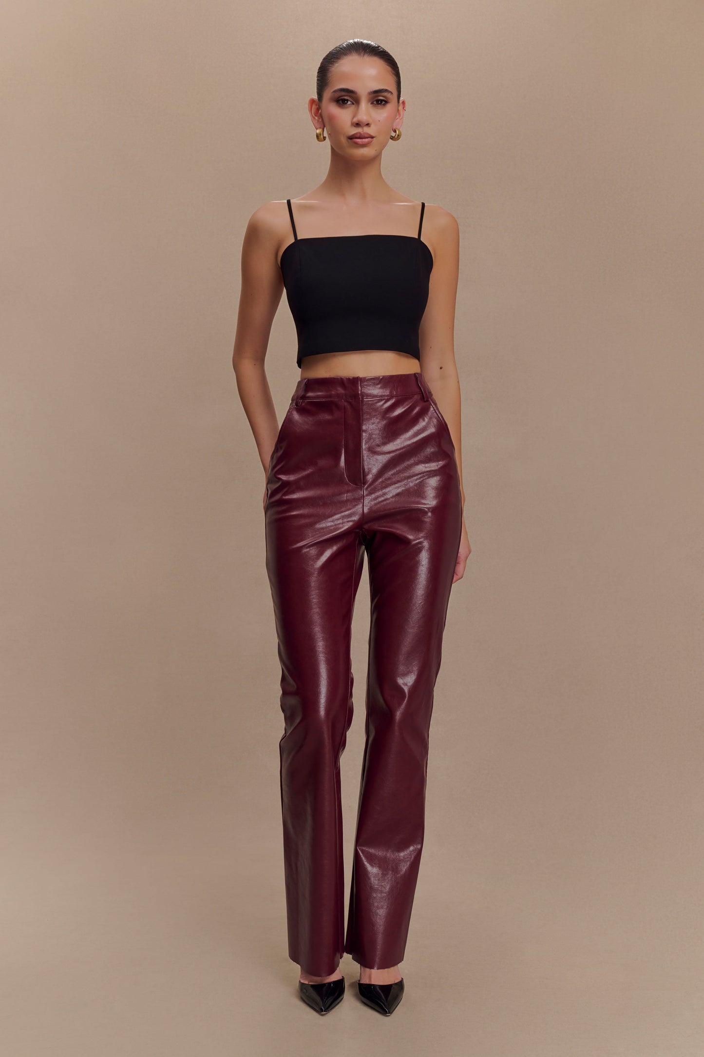 Tyra Straight Leg Faux Leather Pants - Cherry Red