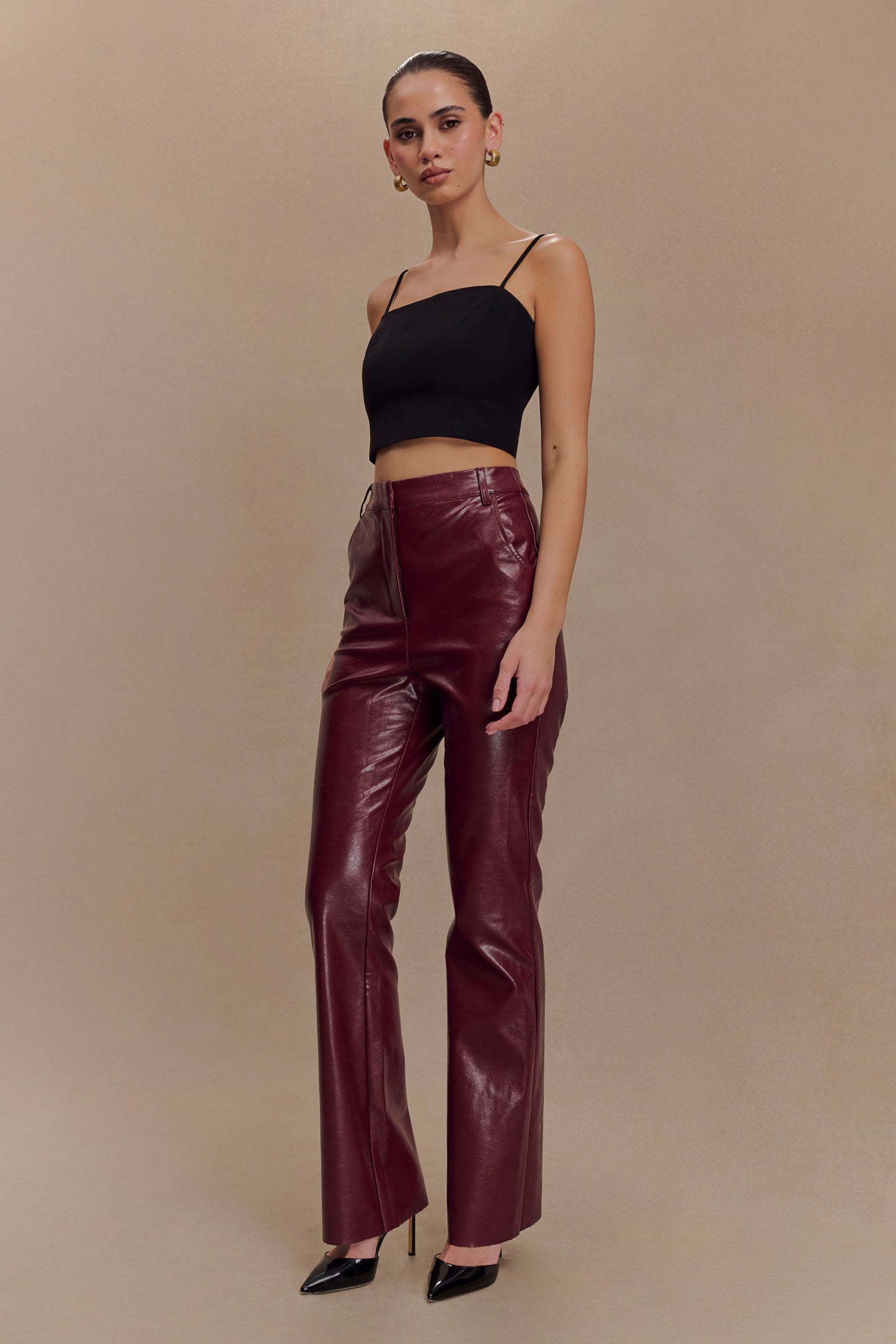 Tyra Straight Leg Faux Leather Pants - Cherry Red