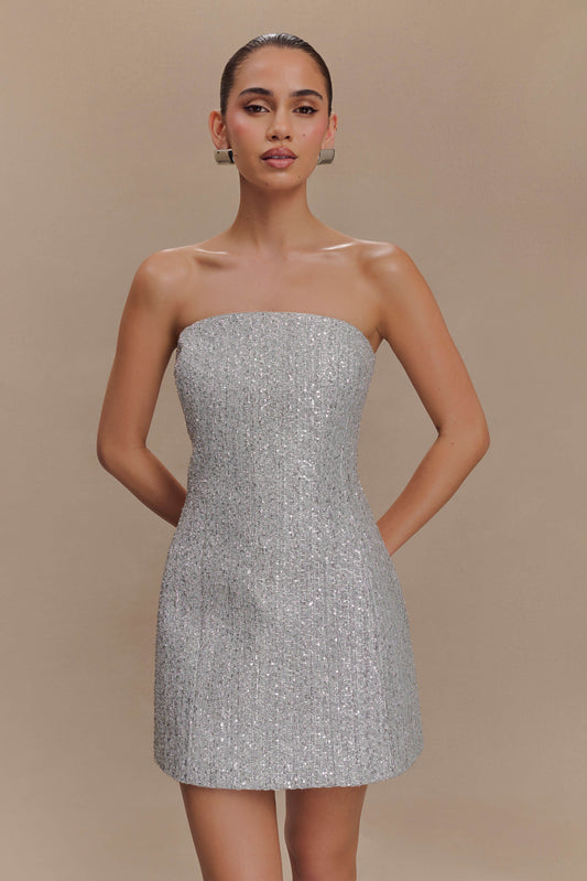 Gala Strapless Tweed Mini Dress - Silver