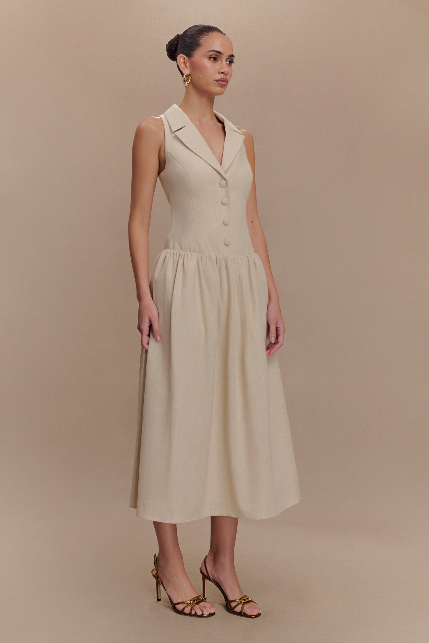 Valery Linen Midi Collar Dress - Natural