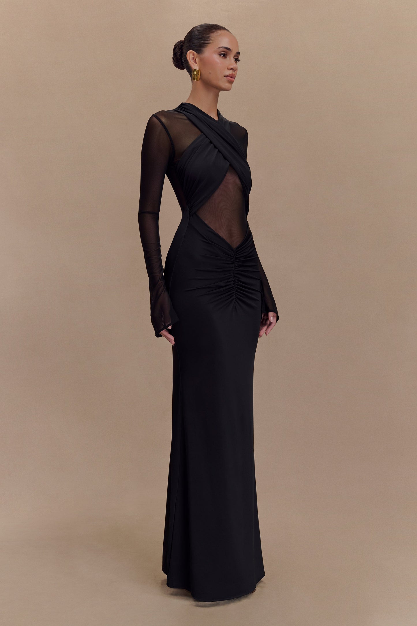 Tania Slinky And Mesh Long Sleeve Maxi Dress - Black