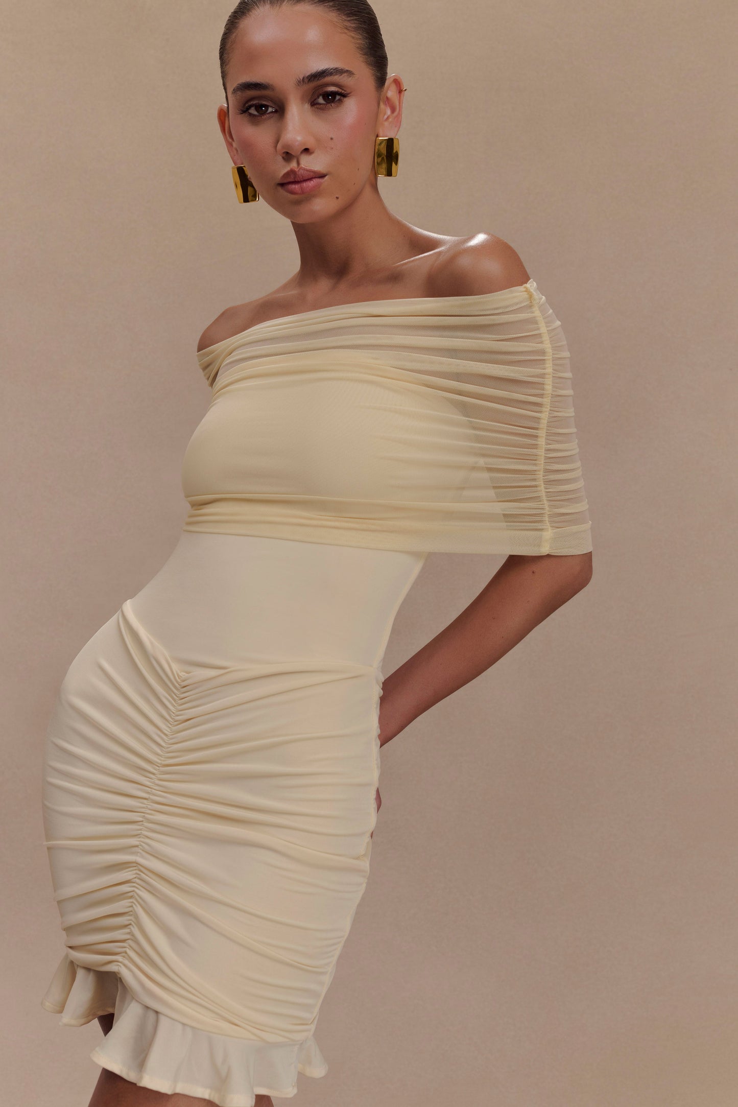 Caspian Slinky And Mesh Off Shoulder Mini Dress - Ivory