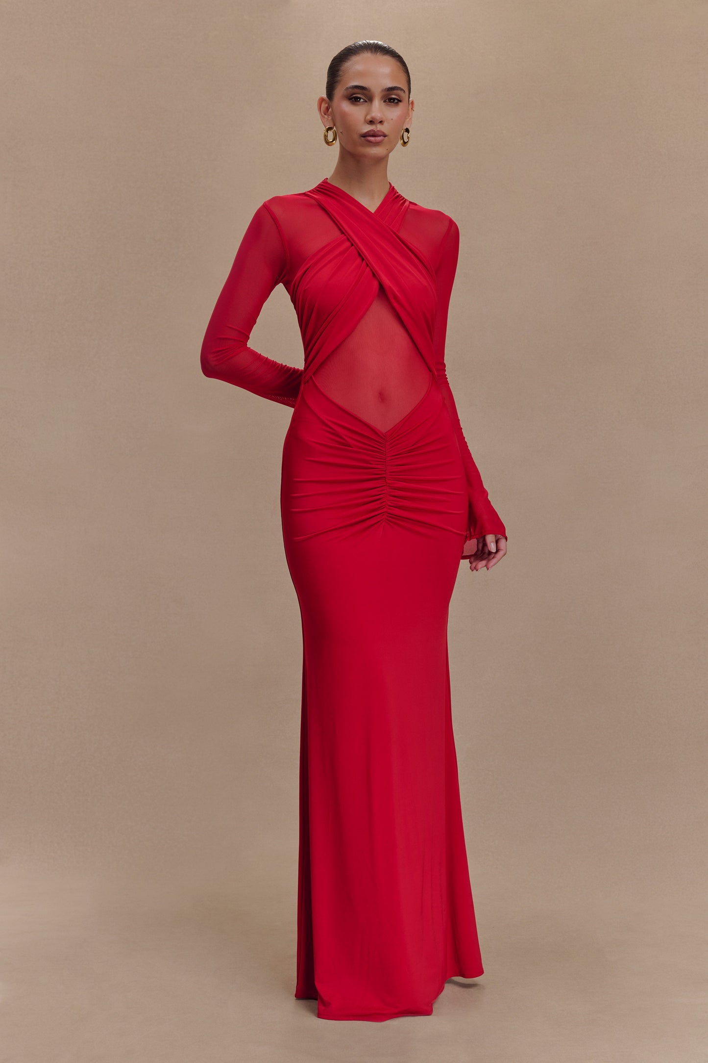 Tania Slinky And Mesh Long Sleeve Maxi Dress - Ruby