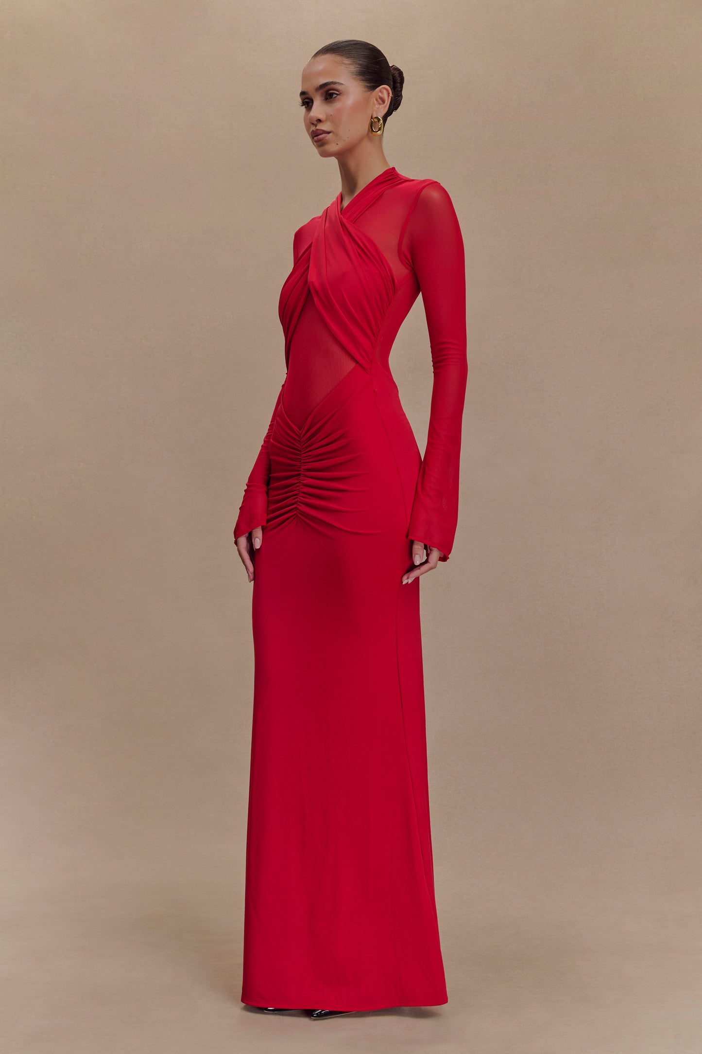 Tania Slinky And Mesh Long Sleeve Maxi Dress - Ruby