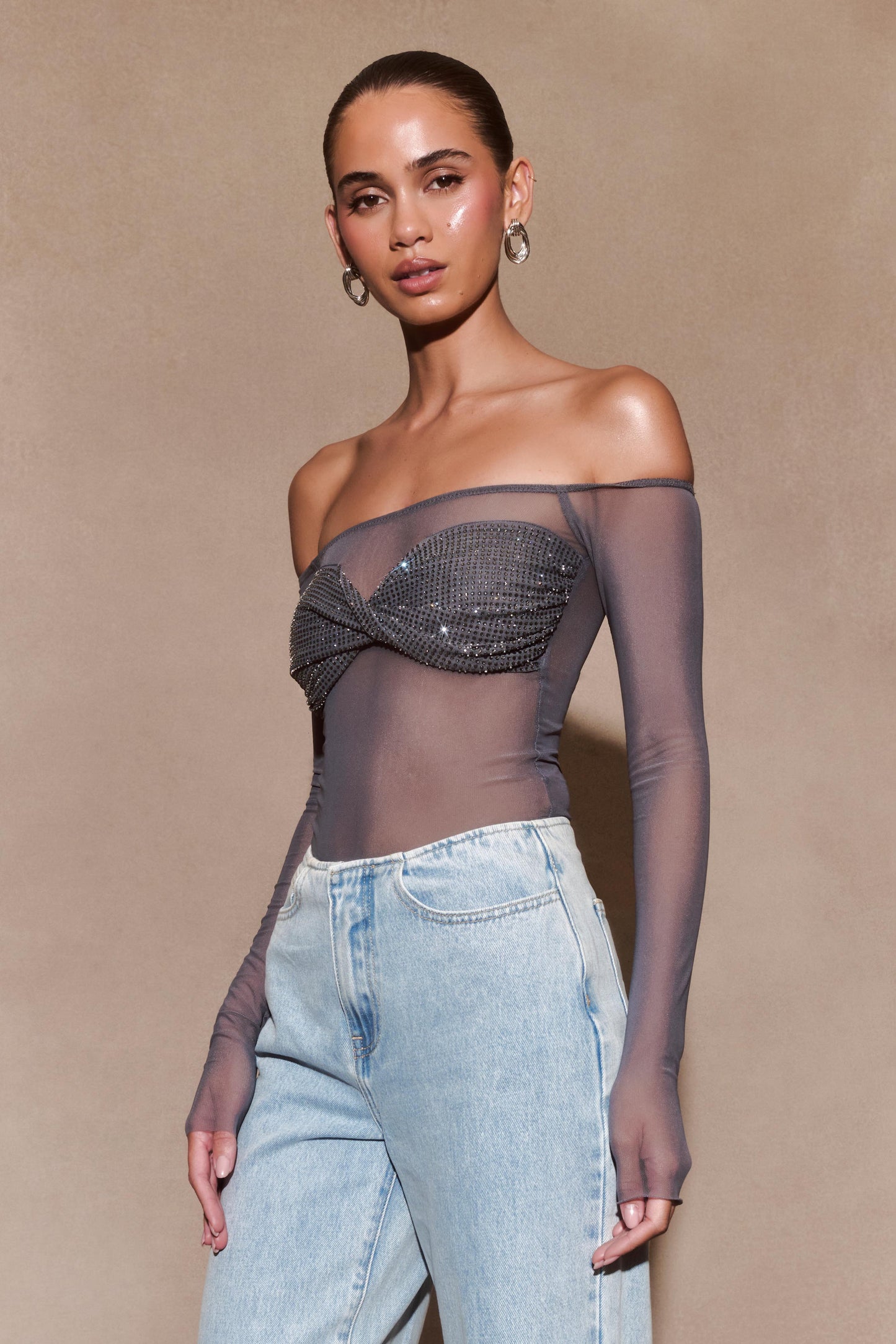 Garcelle Diamante Off Shoulder Top - Gunmetal