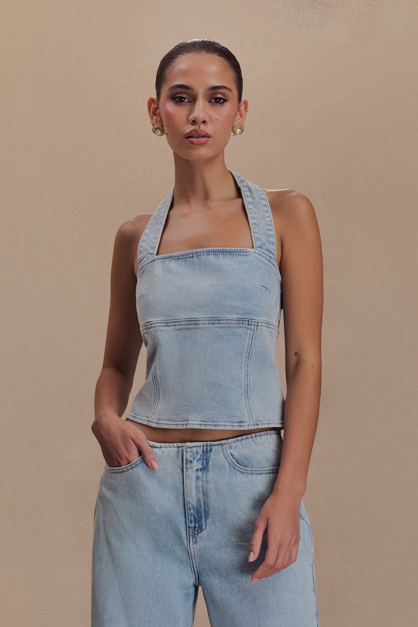 Dayna Denim Halter Top - Light Blue