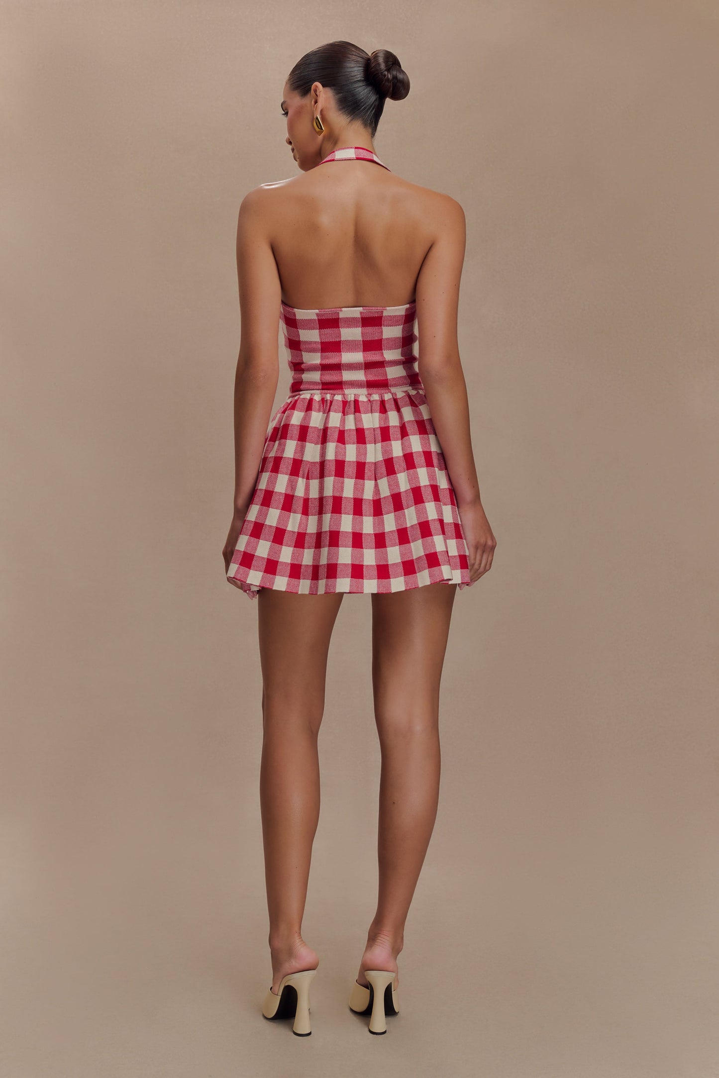 Lindsay Halter Knit Mini Dress - Red Gingham