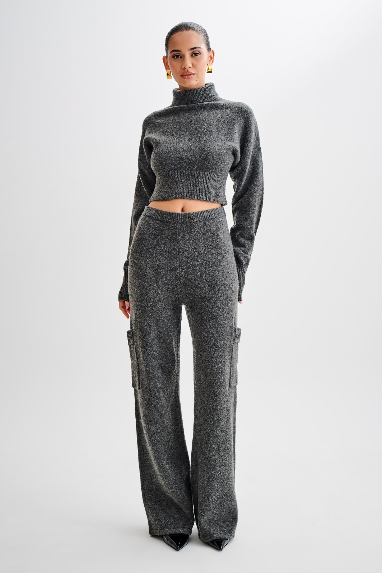 Darius Turtleneck Knit Crop Top - Charcoal Marle